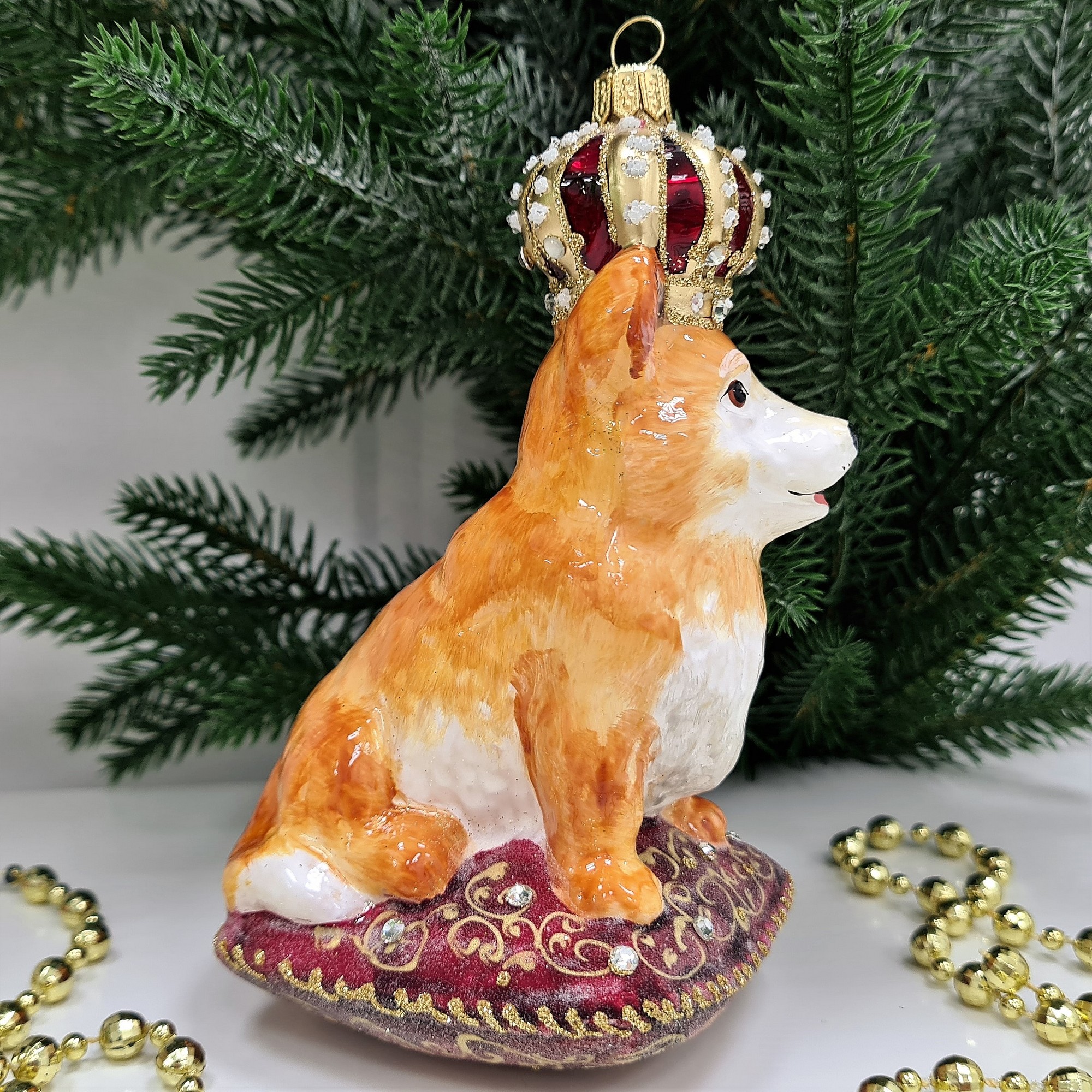 фото Стеклянная елочная игрушка Корги в короне