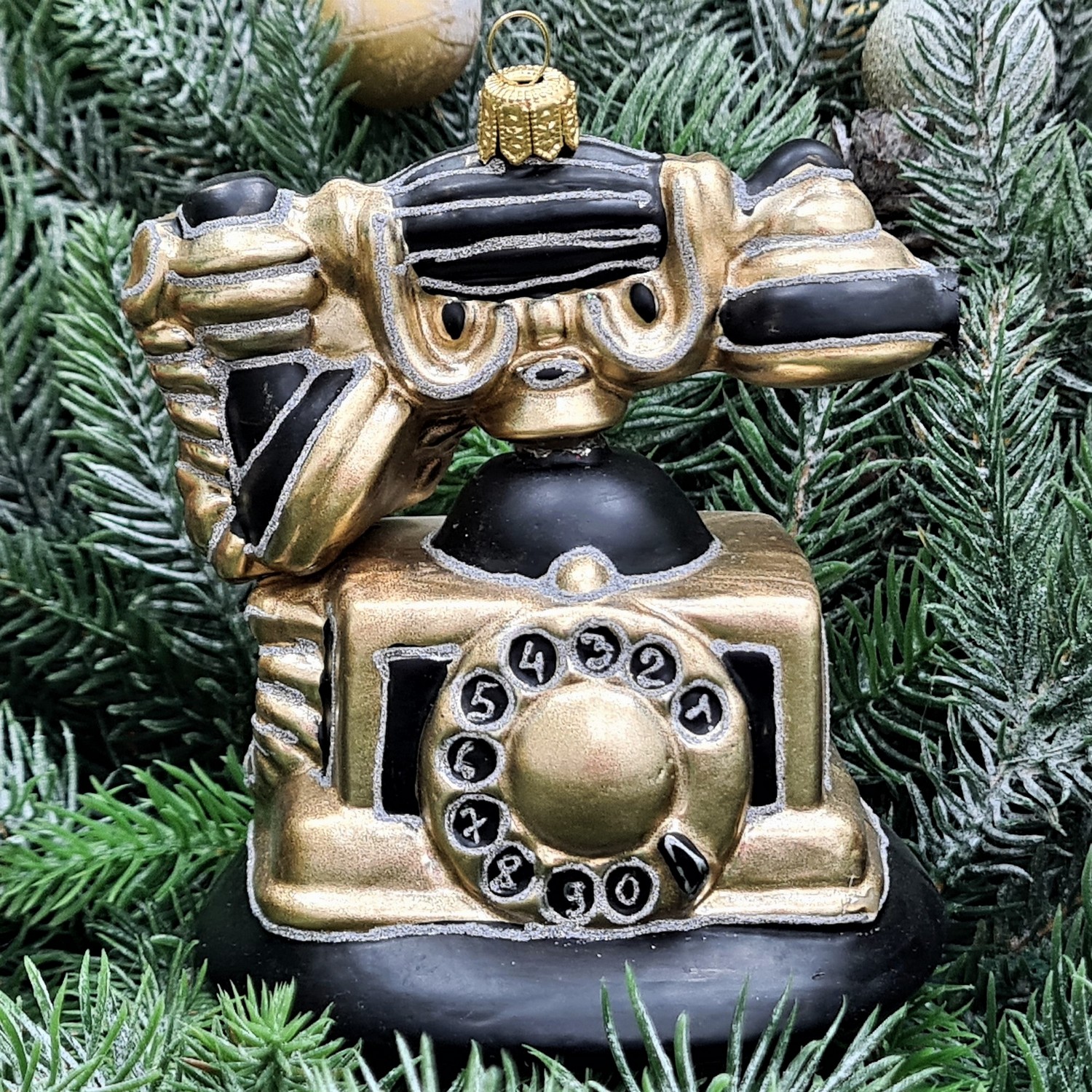 фото Стеклянная елочная игрушка Ретро телефон черный с золотом