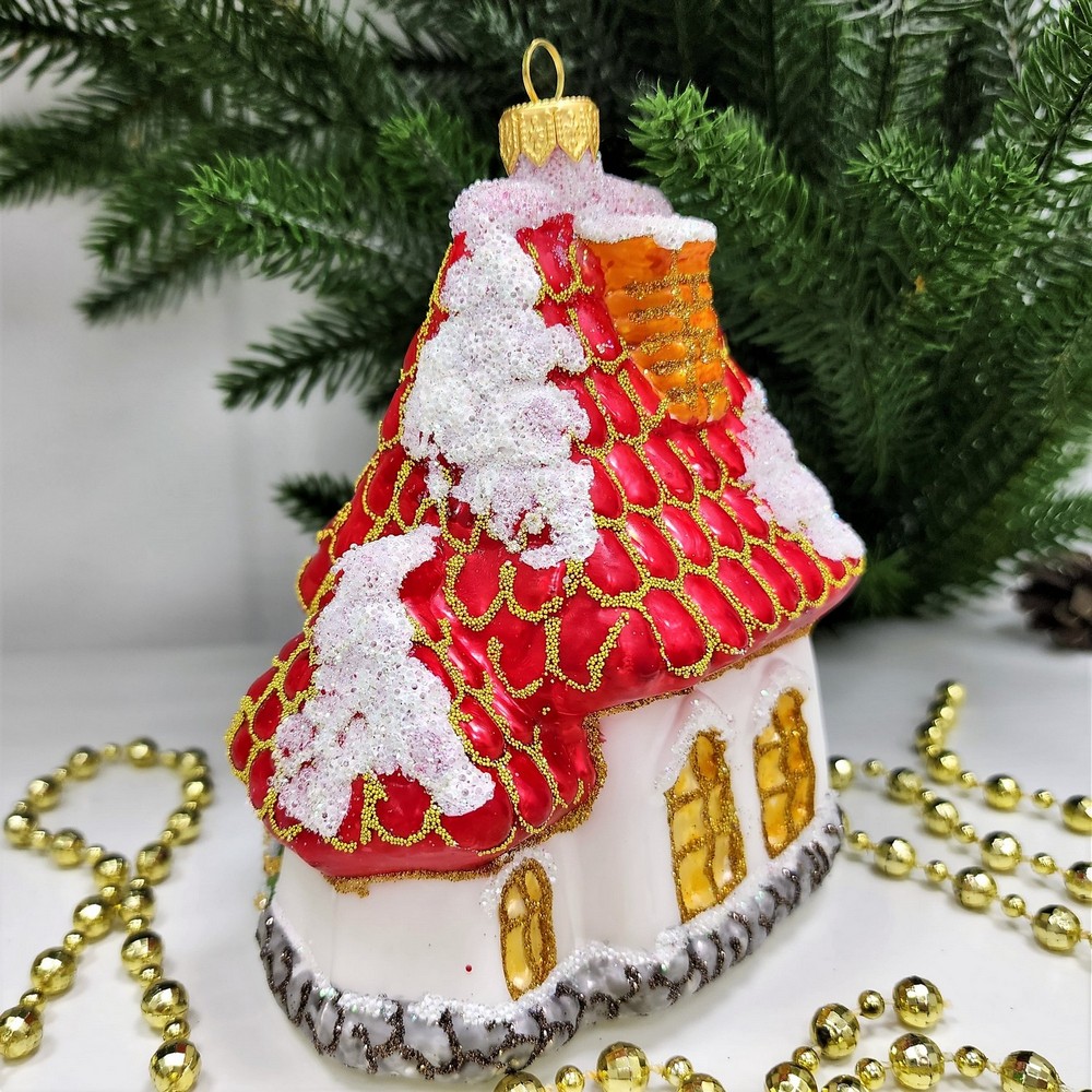 фото Стеклянная елочная игрушка Домик Мельница