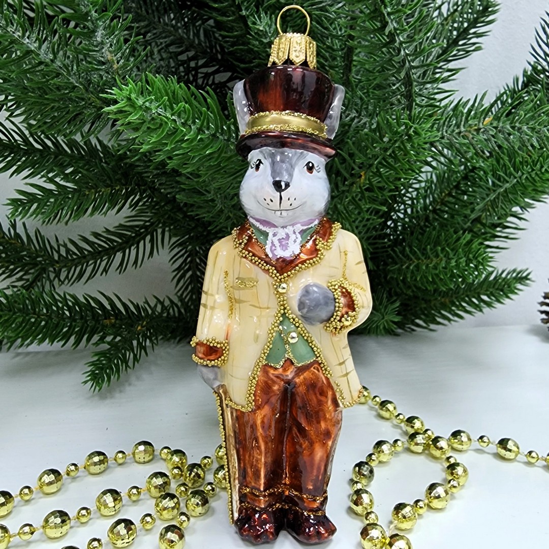 фото Стеклянная елочная игрушка Заяц джентельмен