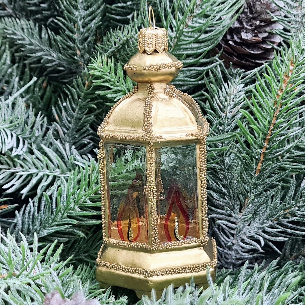 фото Стеклянная елочная игрушка Фонарик золотой