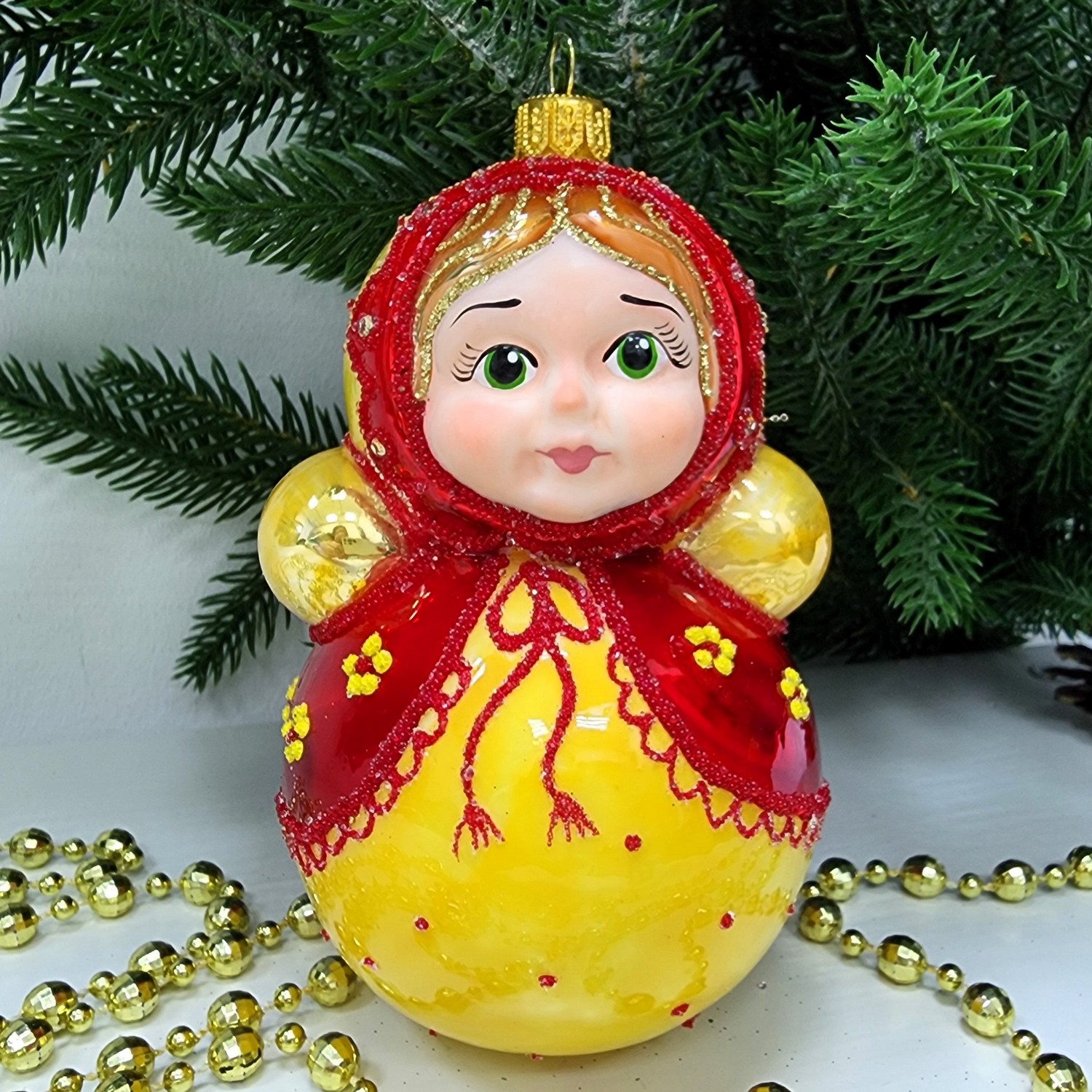 фото Стеклянная елочная игрушка Матрешка неваляшка