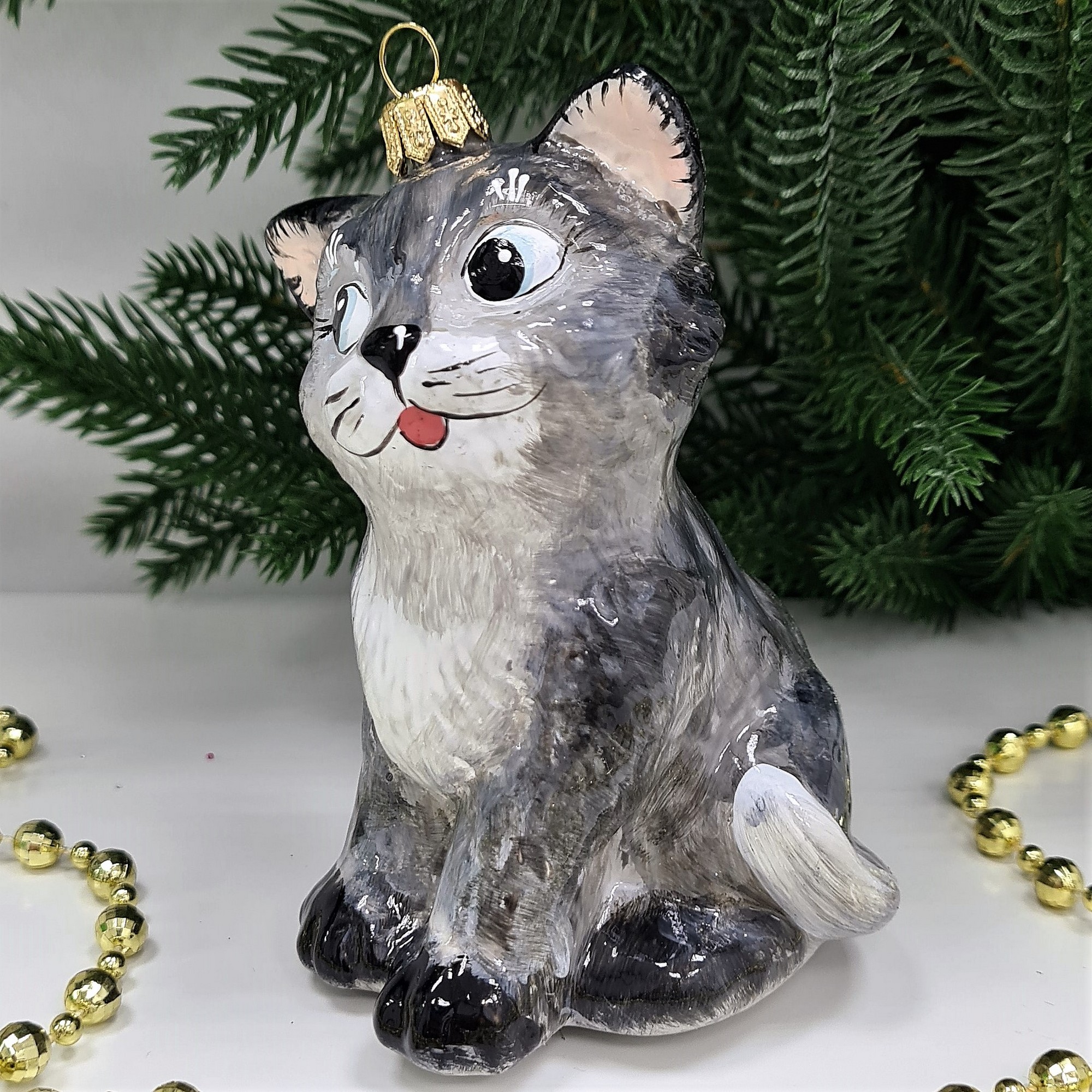 фото Стеклянная елочная игрушка Серый котик