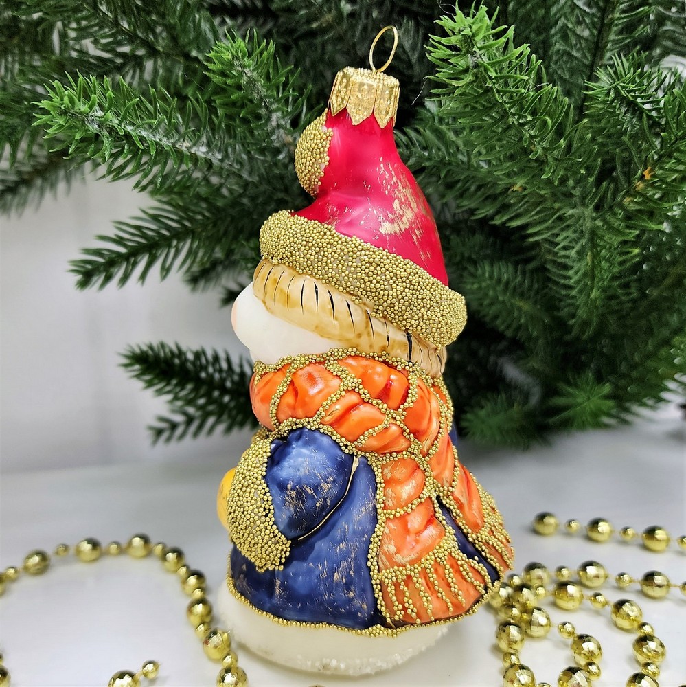 фото Стеклянная елочная игрушка Снеговик с елкой винтаж