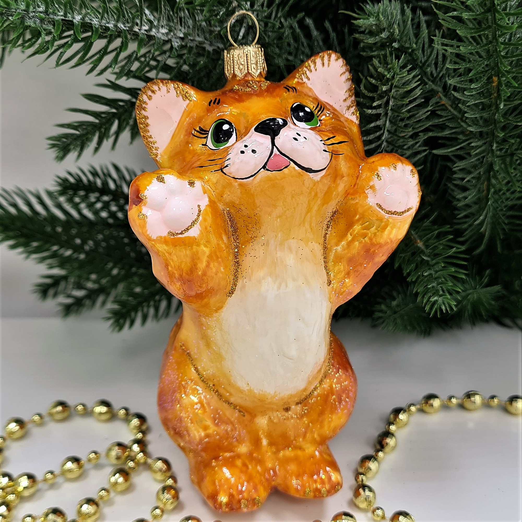 фото Стеклянная елочная игрушка Рыжий котик