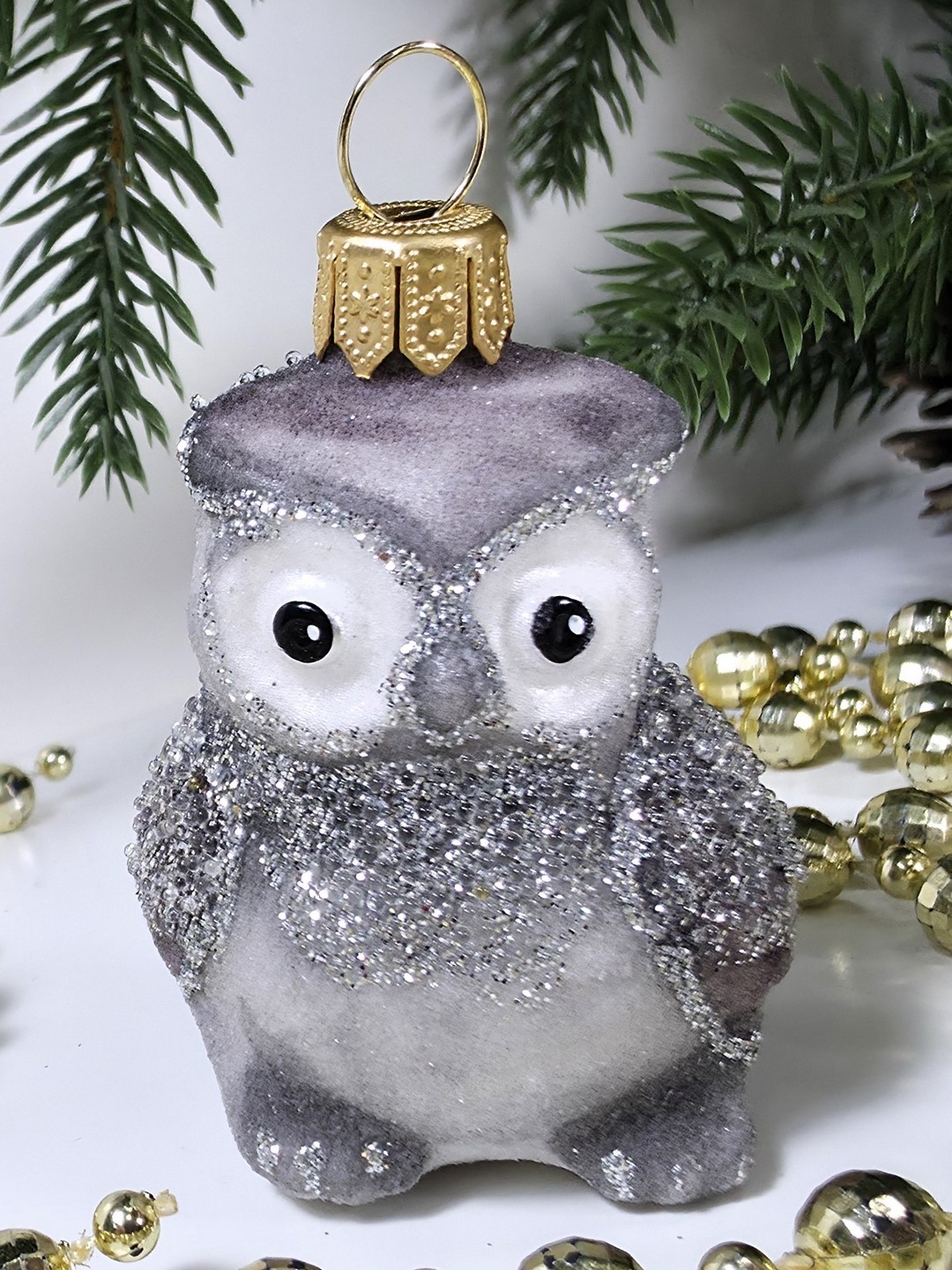 фото Стеклянная елочная игрушка Совушка серая