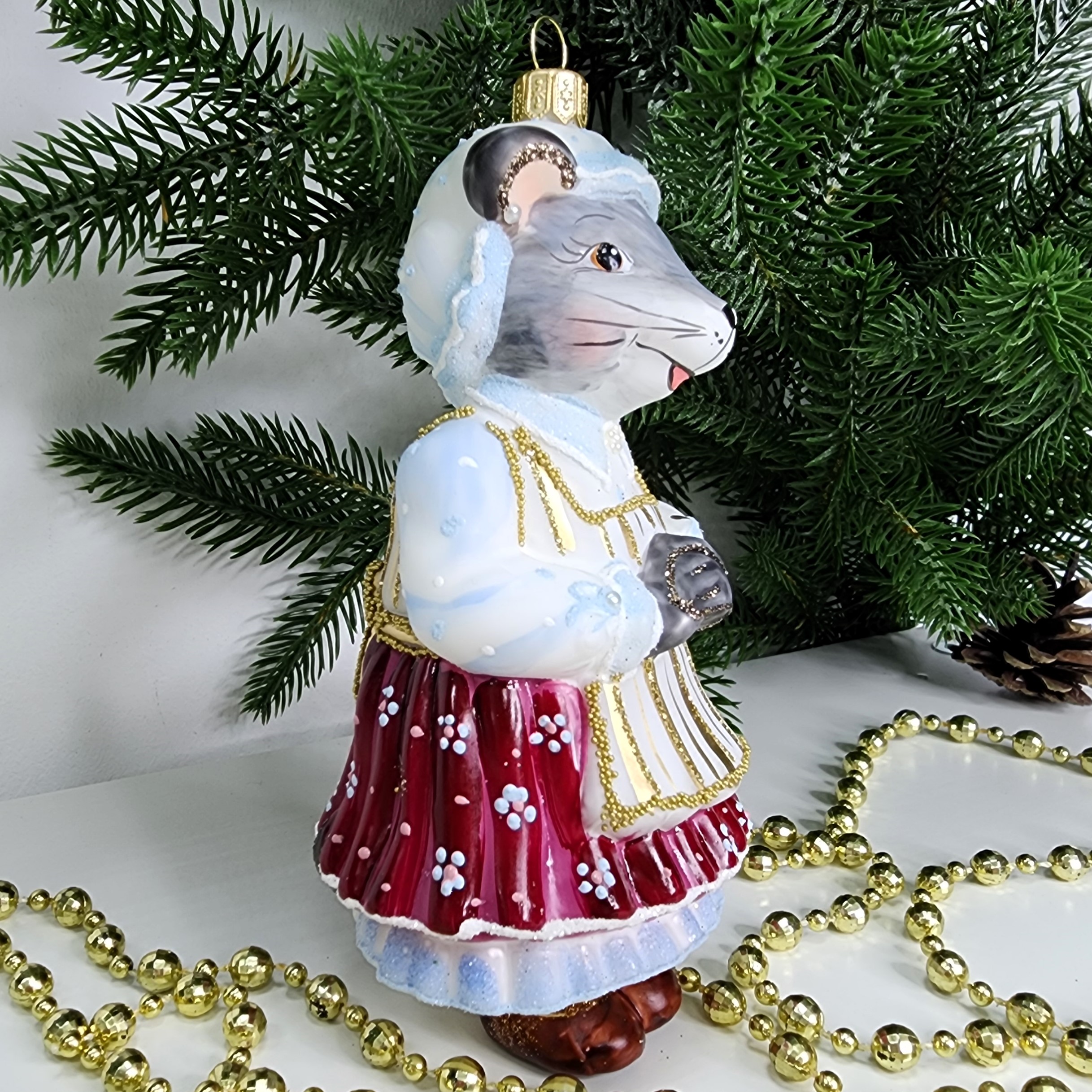 фото Стеклянная елочная игрушка Мышка Хозяйка