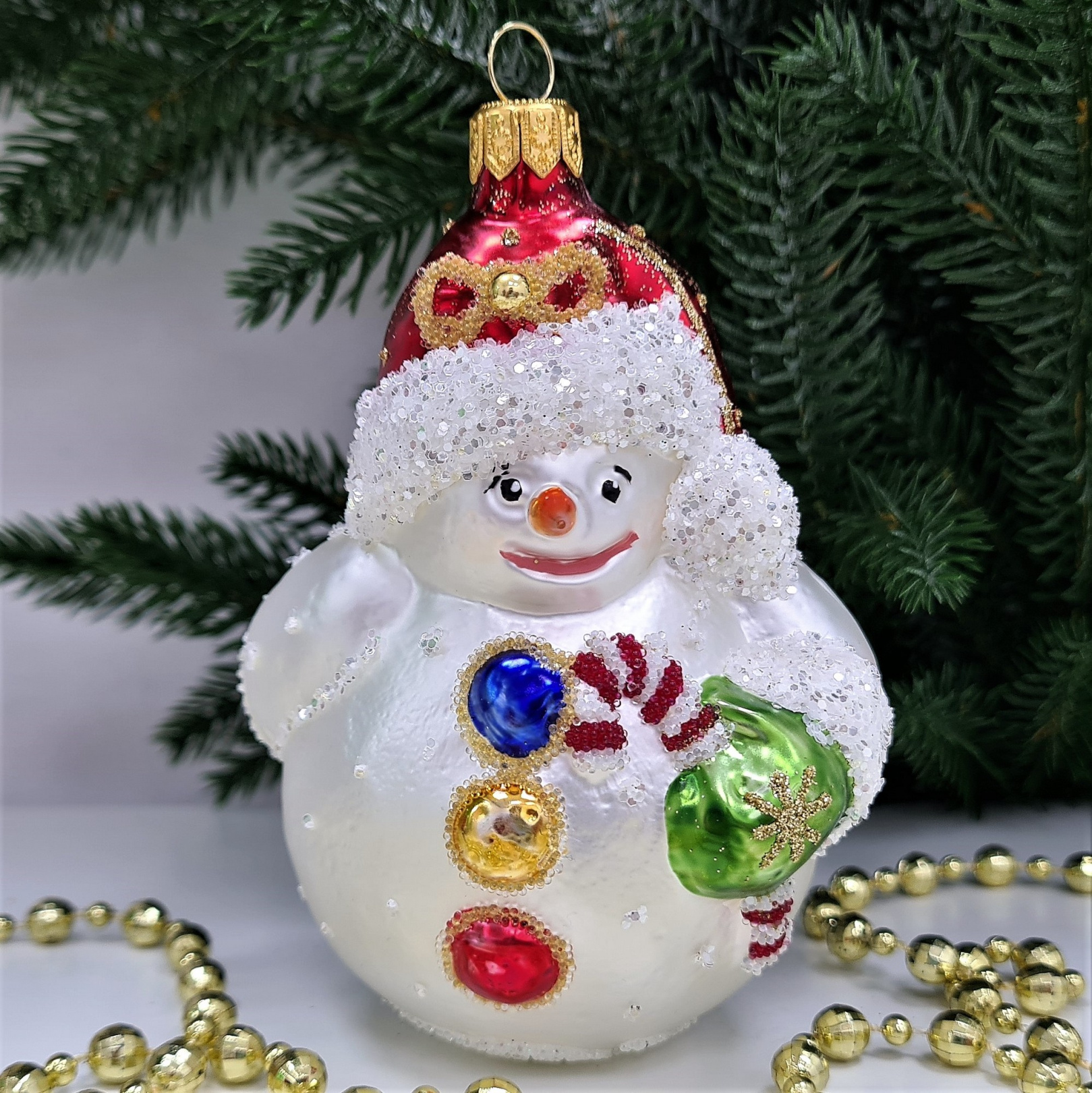 фото Стеклянная елочная игрушка Снеговик
