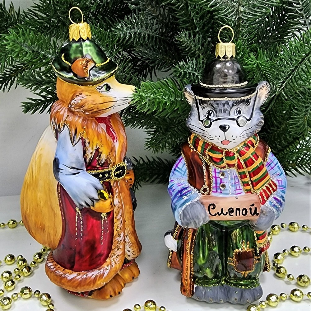 фото Набор стеклянных ёлочных игрушек Кот и лиса