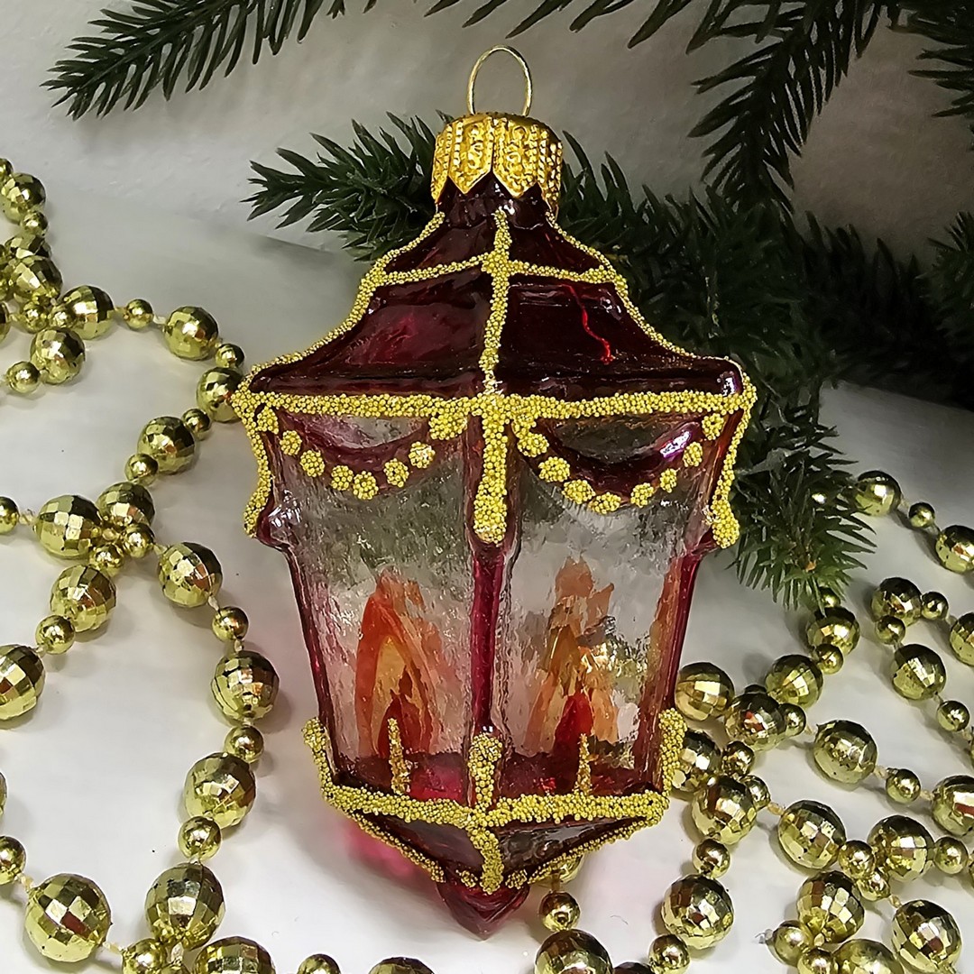 фото Стеклянная елочная игрушка Фонарик красный