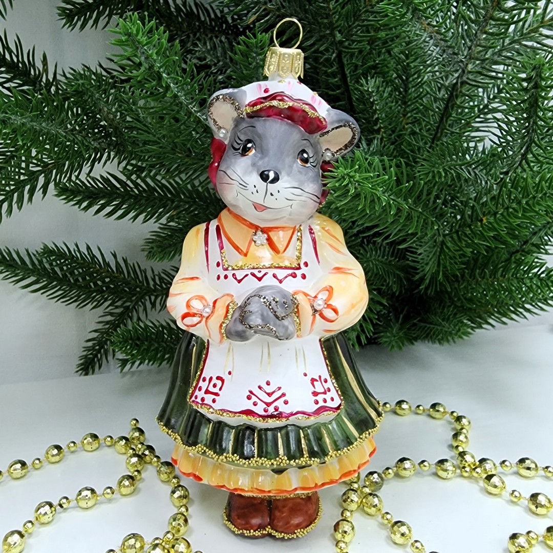 фото Стеклянная елочная игрушка Мышка Хозяйка