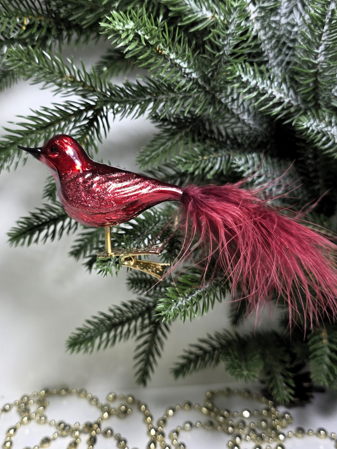 фото Стеклянная елочная игрушка Птичка на прищепке