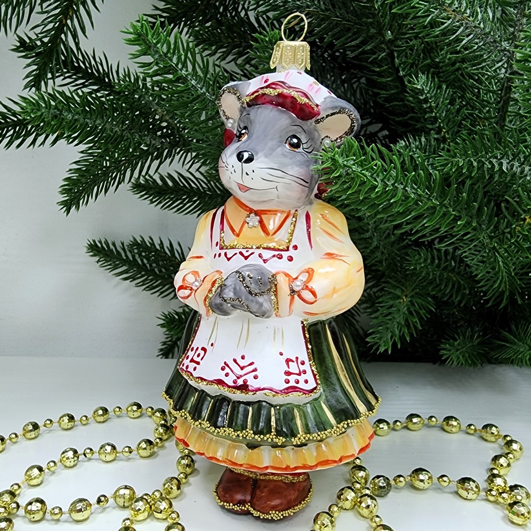 фото Стеклянная елочная игрушка Мышка Хозяйка
