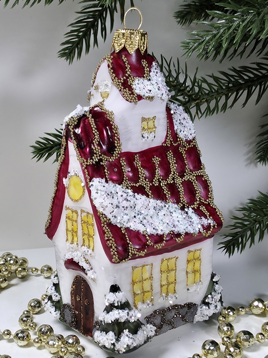 фото Стеклянная елочная игрушка Домик с острой крышей