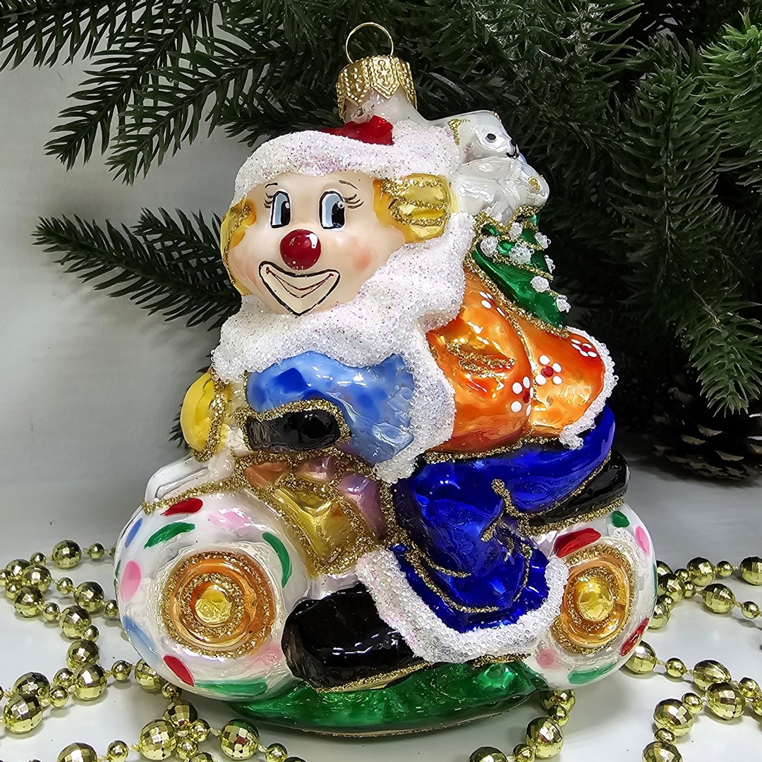 фото Стеклянная елочная игрушка Клоун на мотоцикле