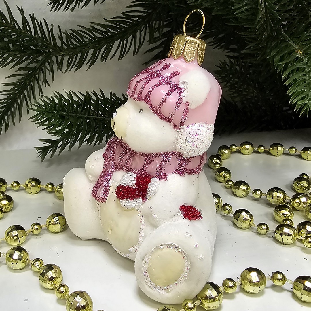 фото Стеклянная елочная игрушка Мишка беби флок