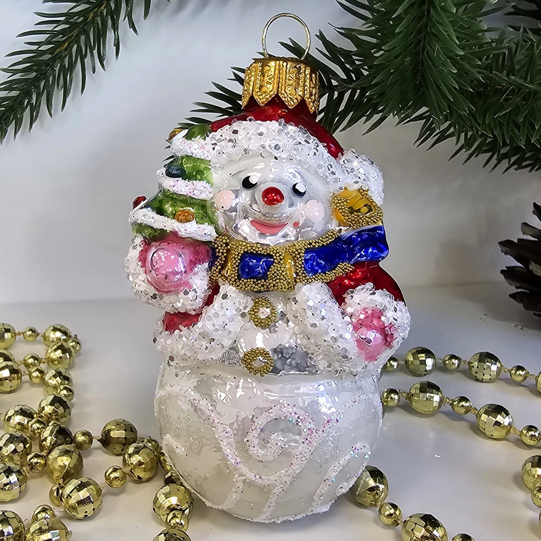 фото Стеклянная елочная игрушка Снеговик с елочкой