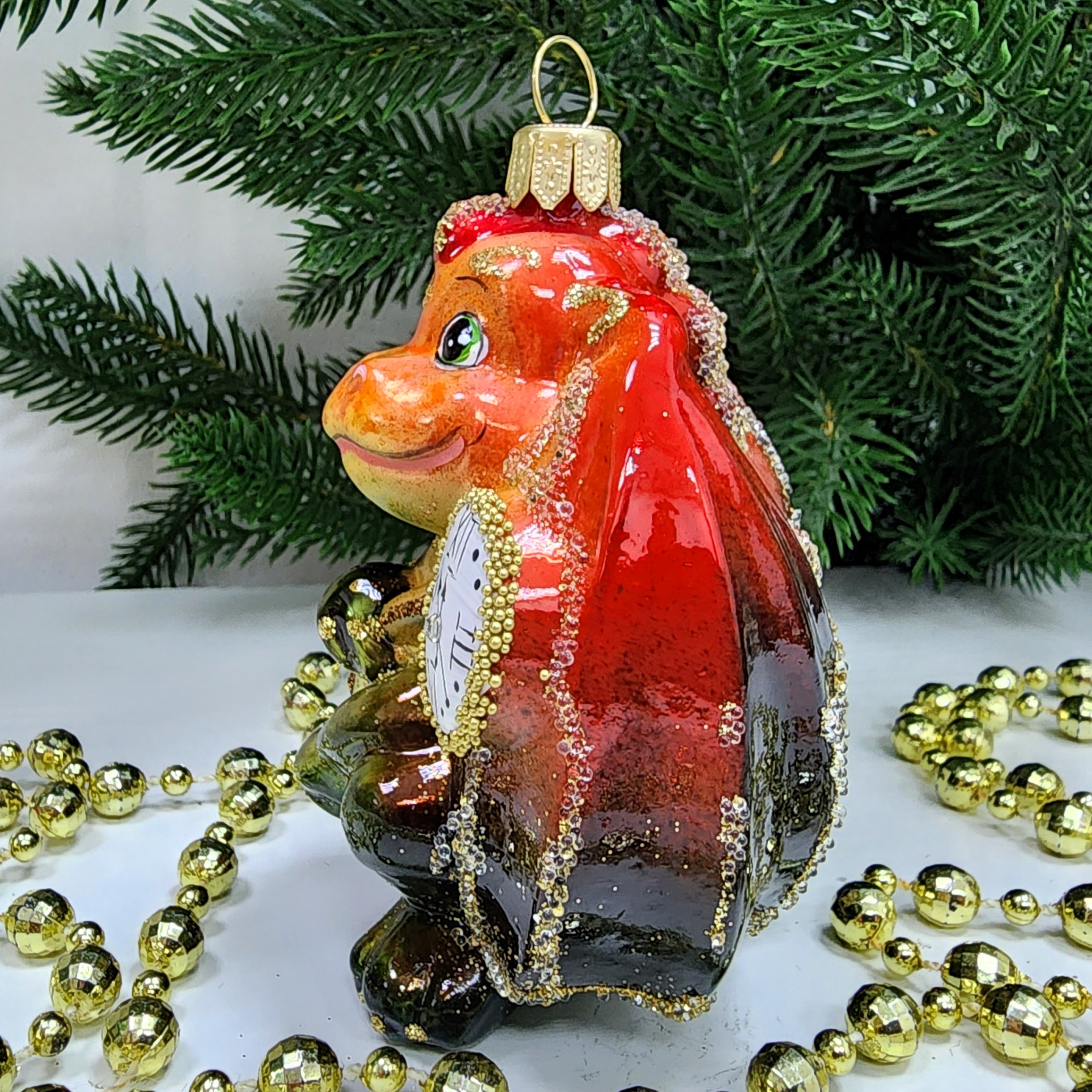 фото Стеклянная елочная игрушка Дракончик с часиками