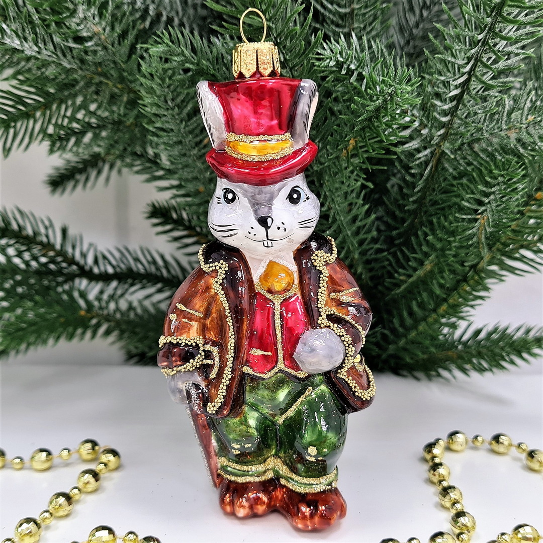 фото Стеклянная елочная игрушка Заяц джентельмен-1