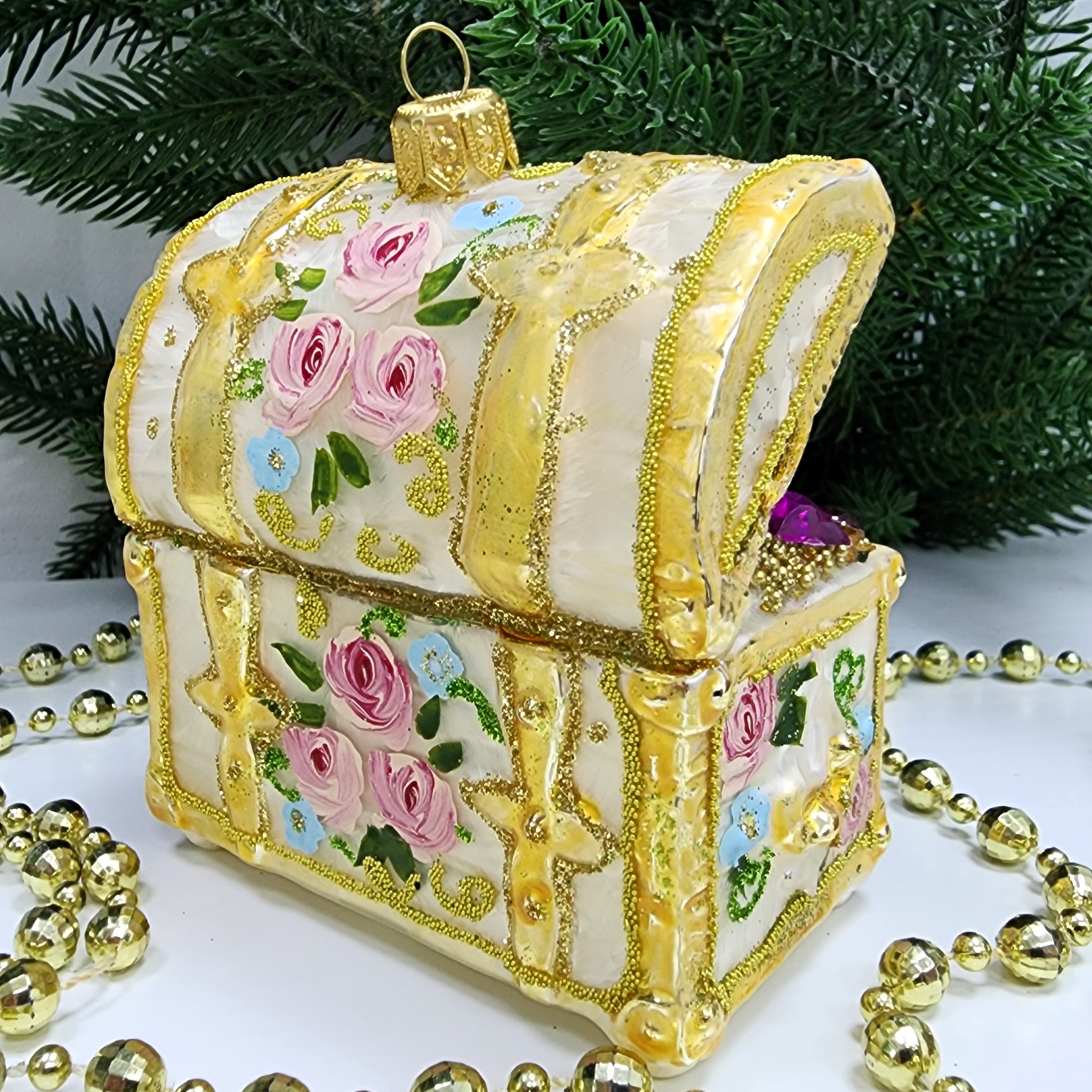 фото Стеклянная елочная игрушка Сундук с золотом Версаль