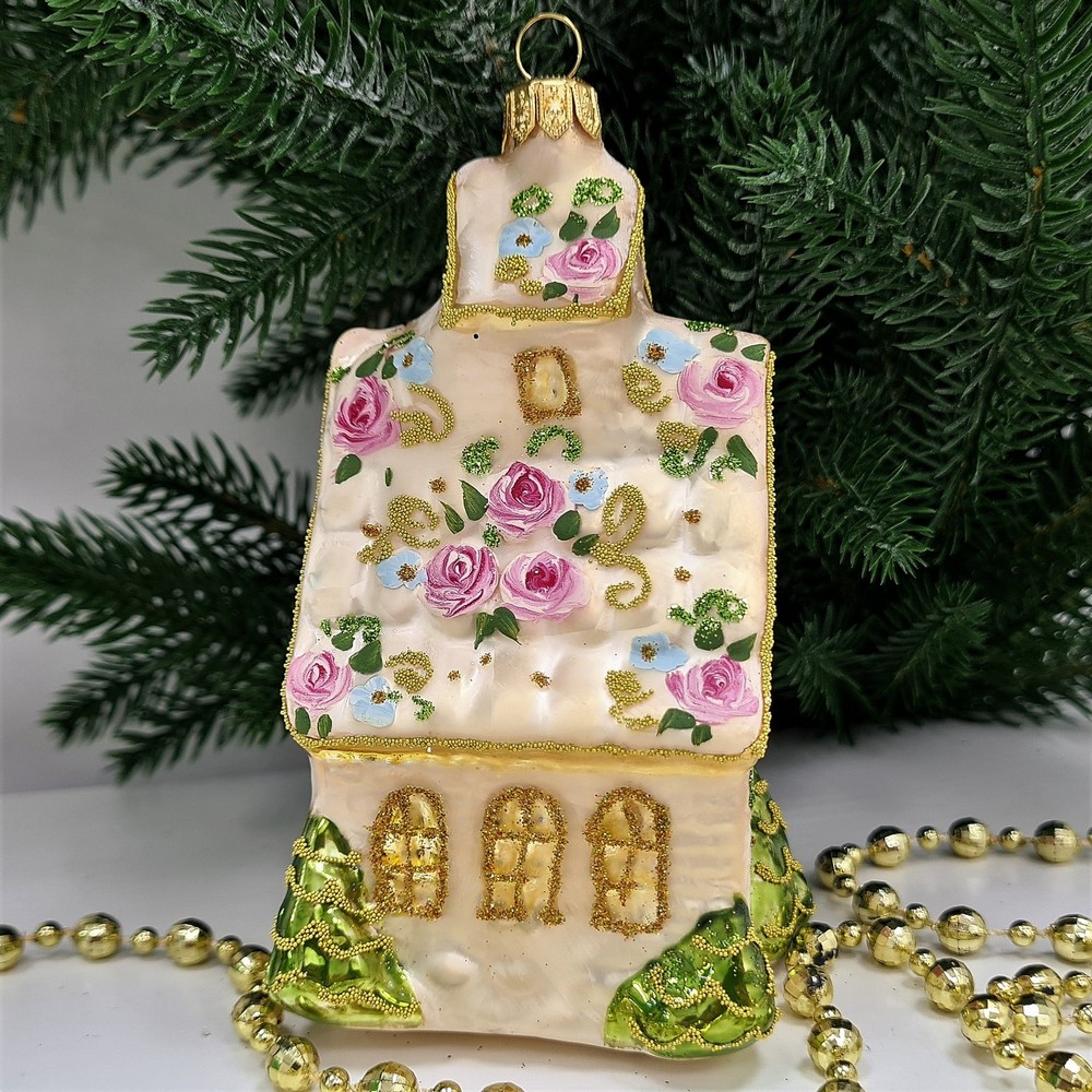 фото Стеклянная елочная игрушка Домик с острой крышей версаль