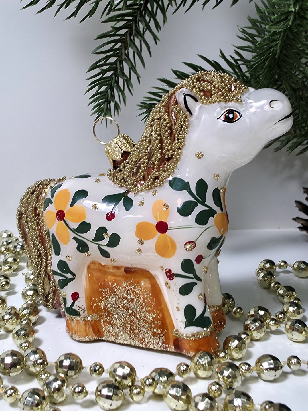 фото Стеклянная елочная игрушка Лошадка расписная