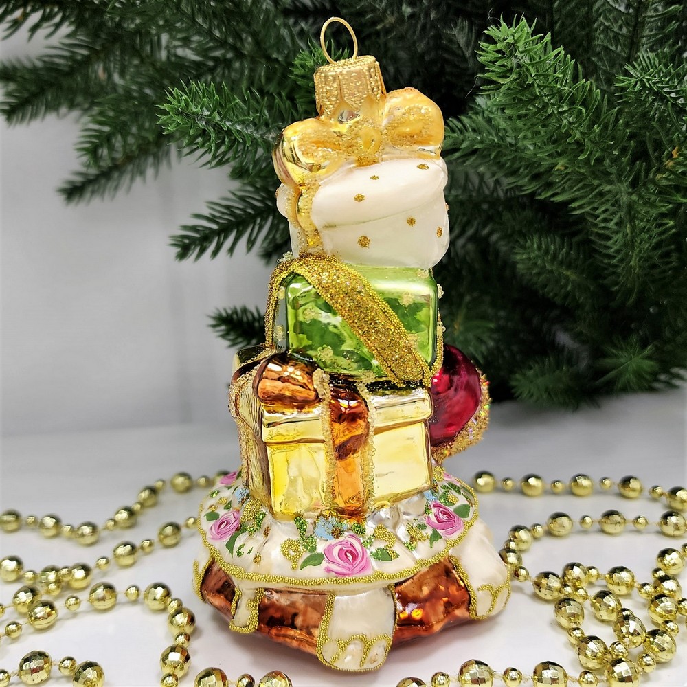 фото Стеклянная елочная игрушка Черепаха с подарками Версаль