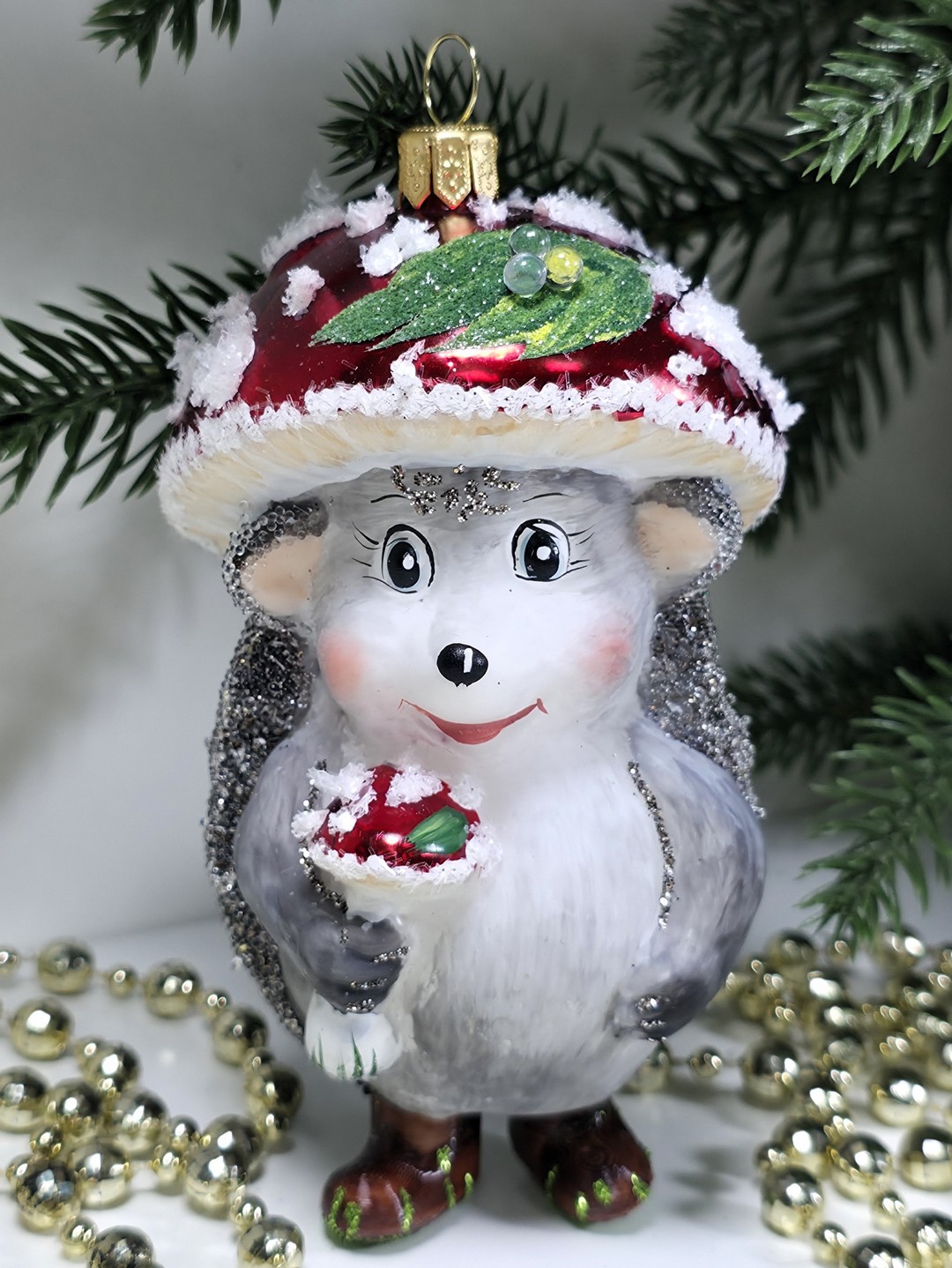 фото Стеклянная елочная игрушка Ежик грибок мухомор