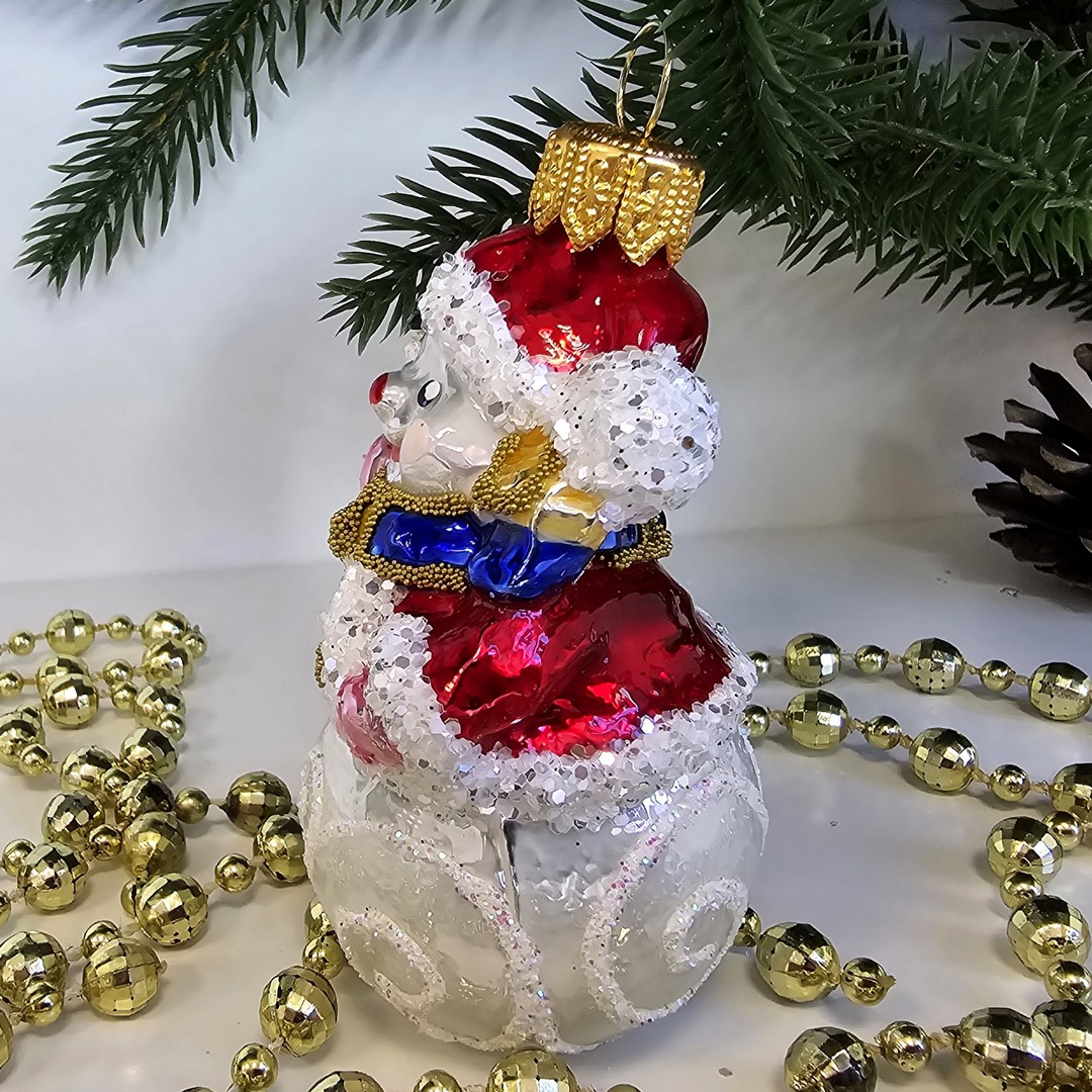 фото Стеклянная елочная игрушка Снеговик с елочкой