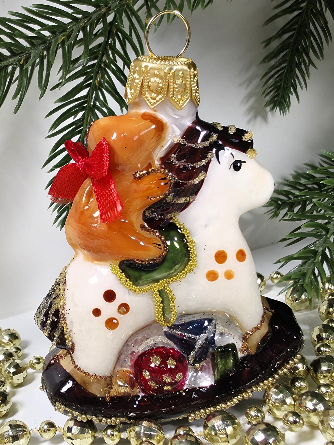 фото Стеклянная елочная игрушка Мишка на лошадке