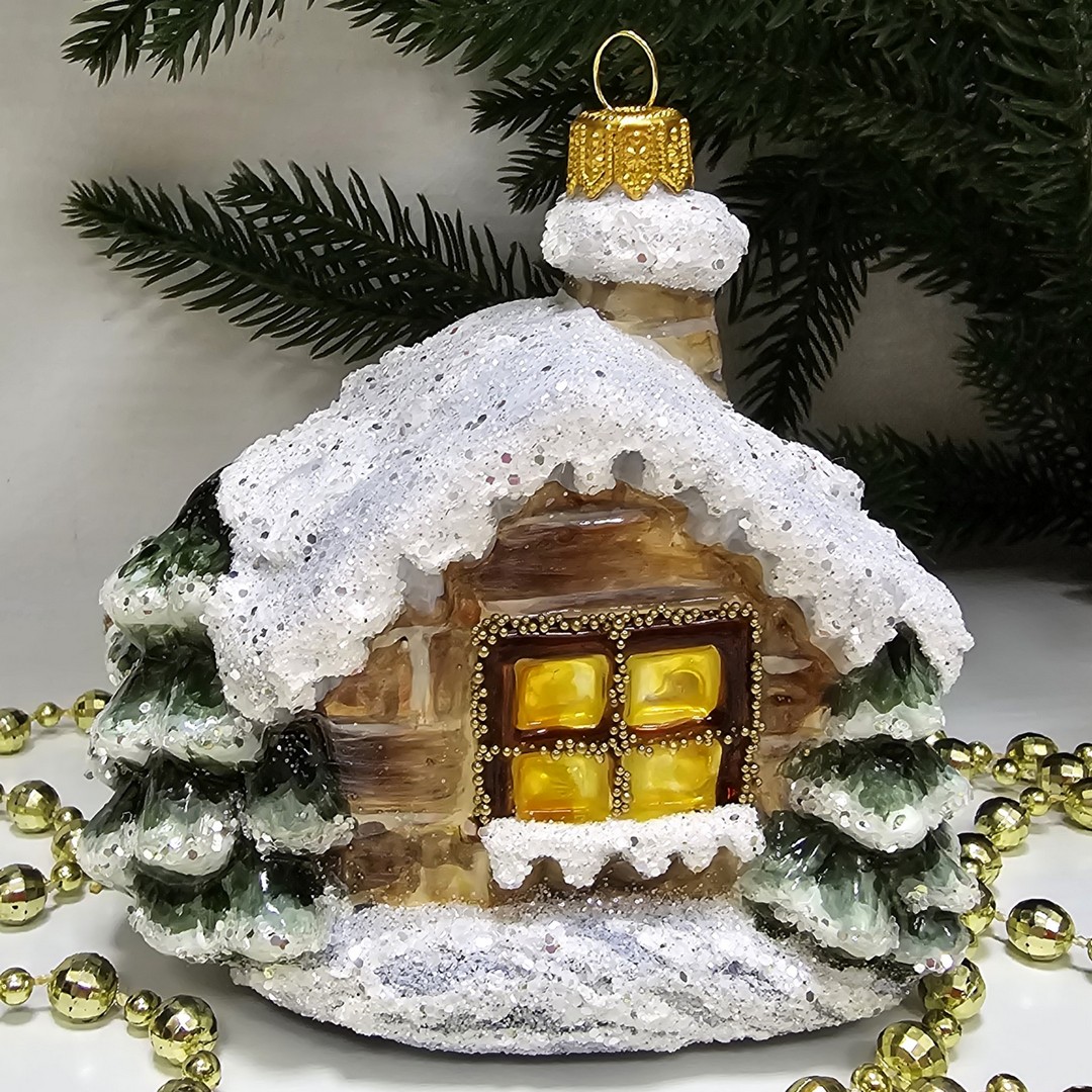 фото Стеклянная елочная игрушка Домик с олененком