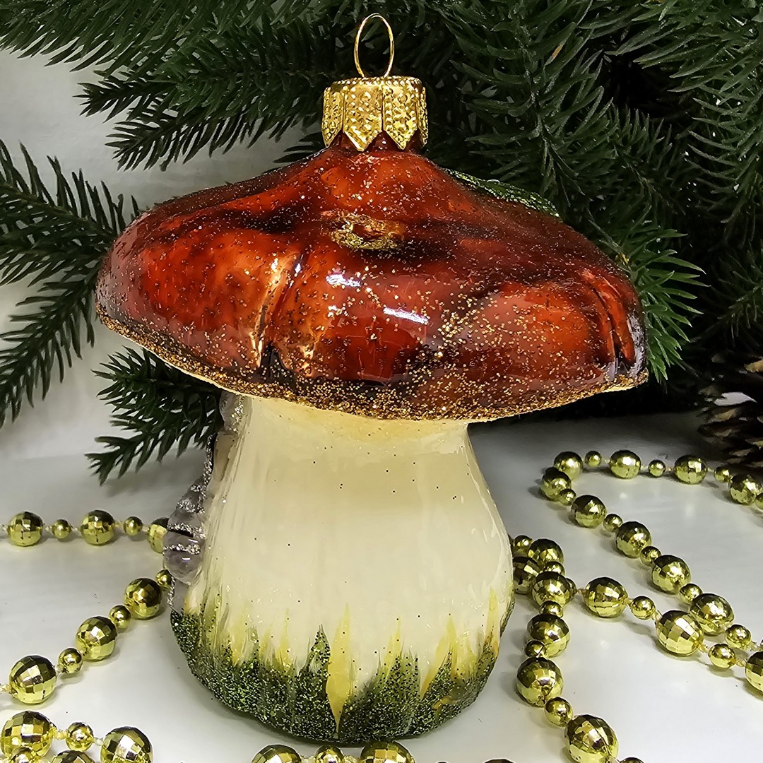 фото Стеклянная елочная игрушка Гриб с муравьем