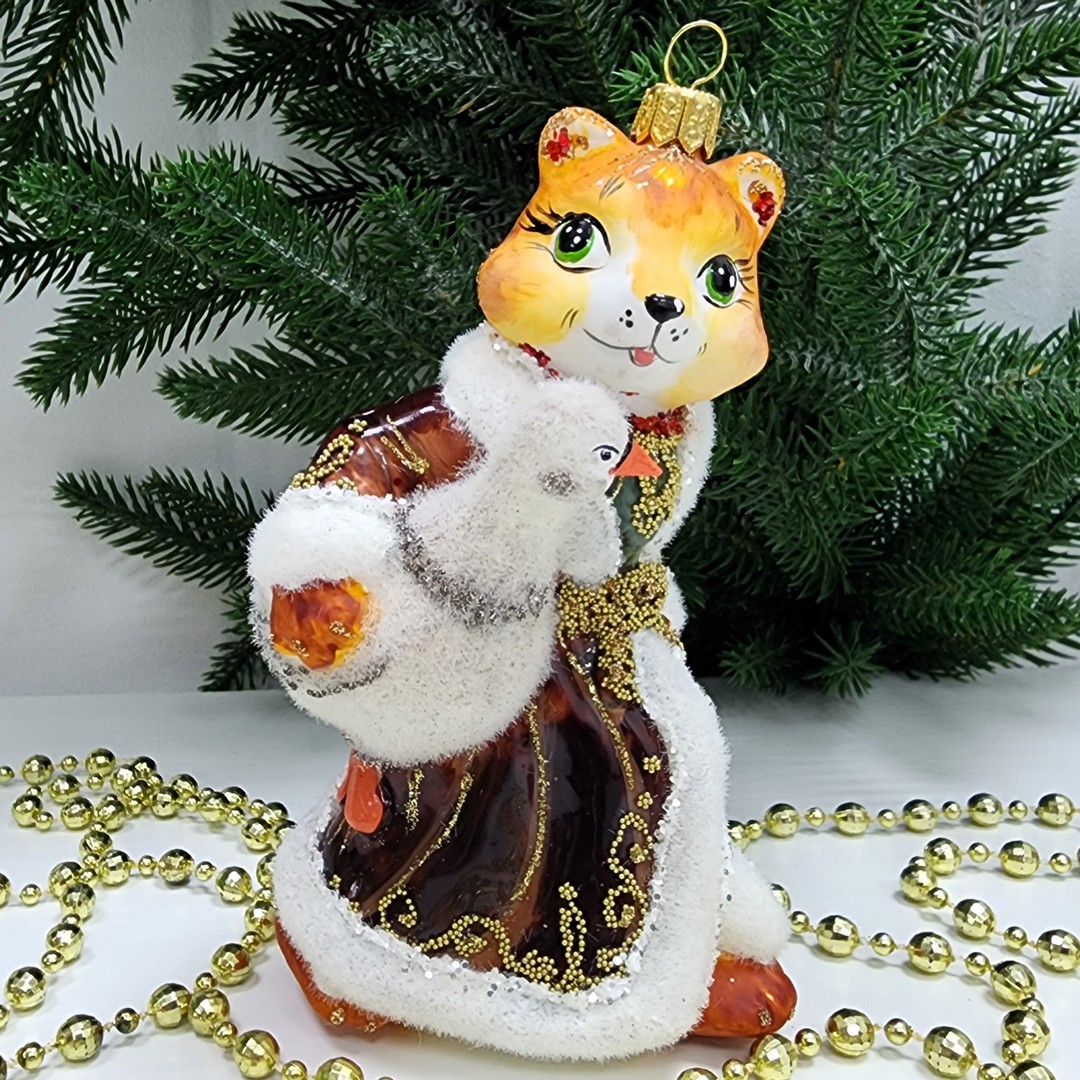 фото Стеклянная елочная игрушка Лиса с гусем