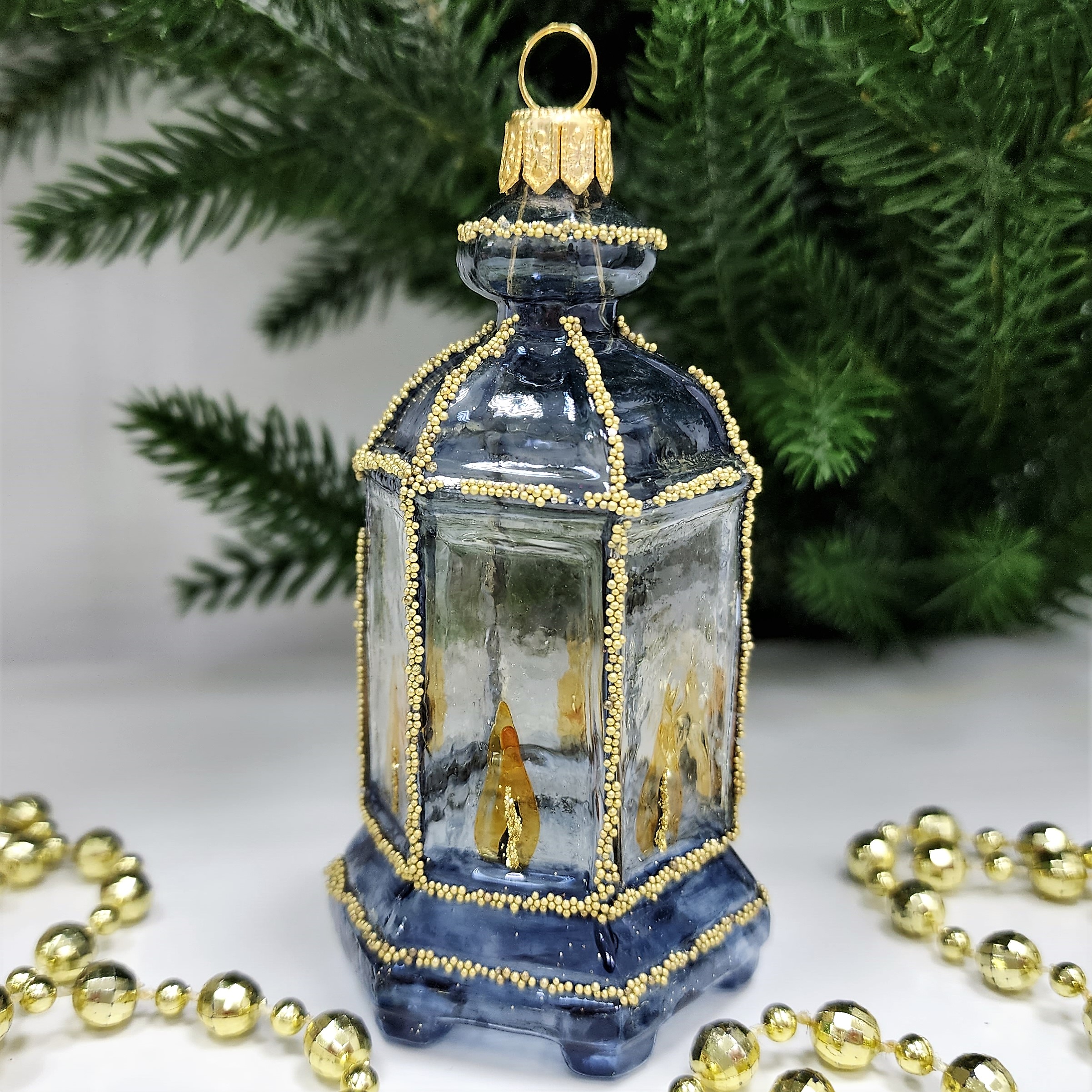 фото Стеклянная елочная игрушка Фонарик синий