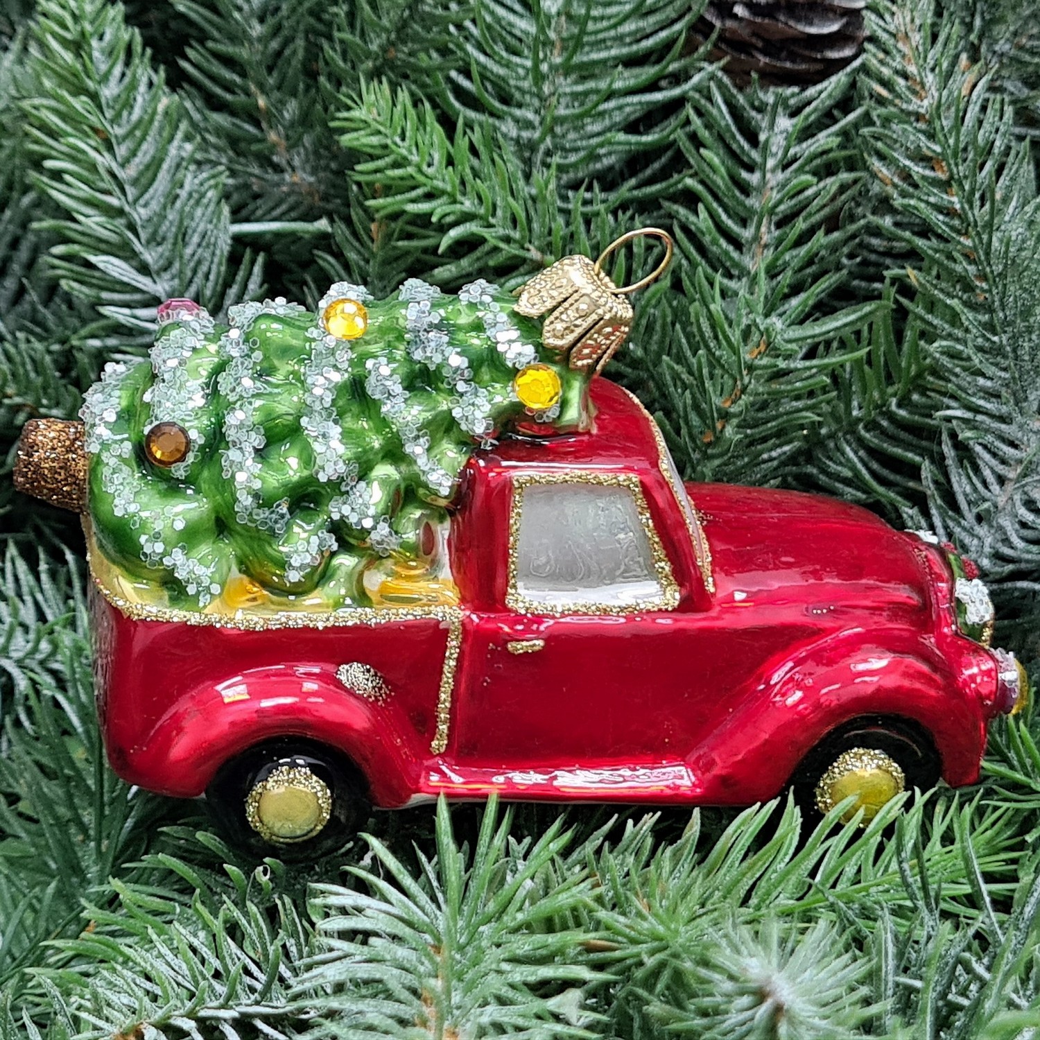 фото Стеклянная елочная игрушка Машинка с елкой