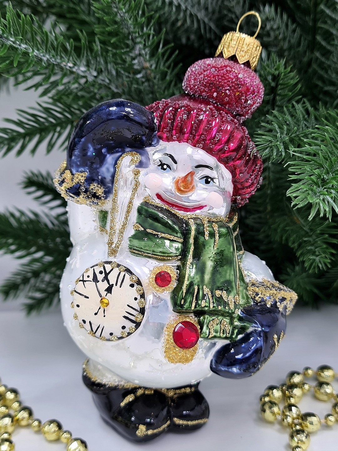 фото Стеклянная елочная игрушка Снеговик с часиками