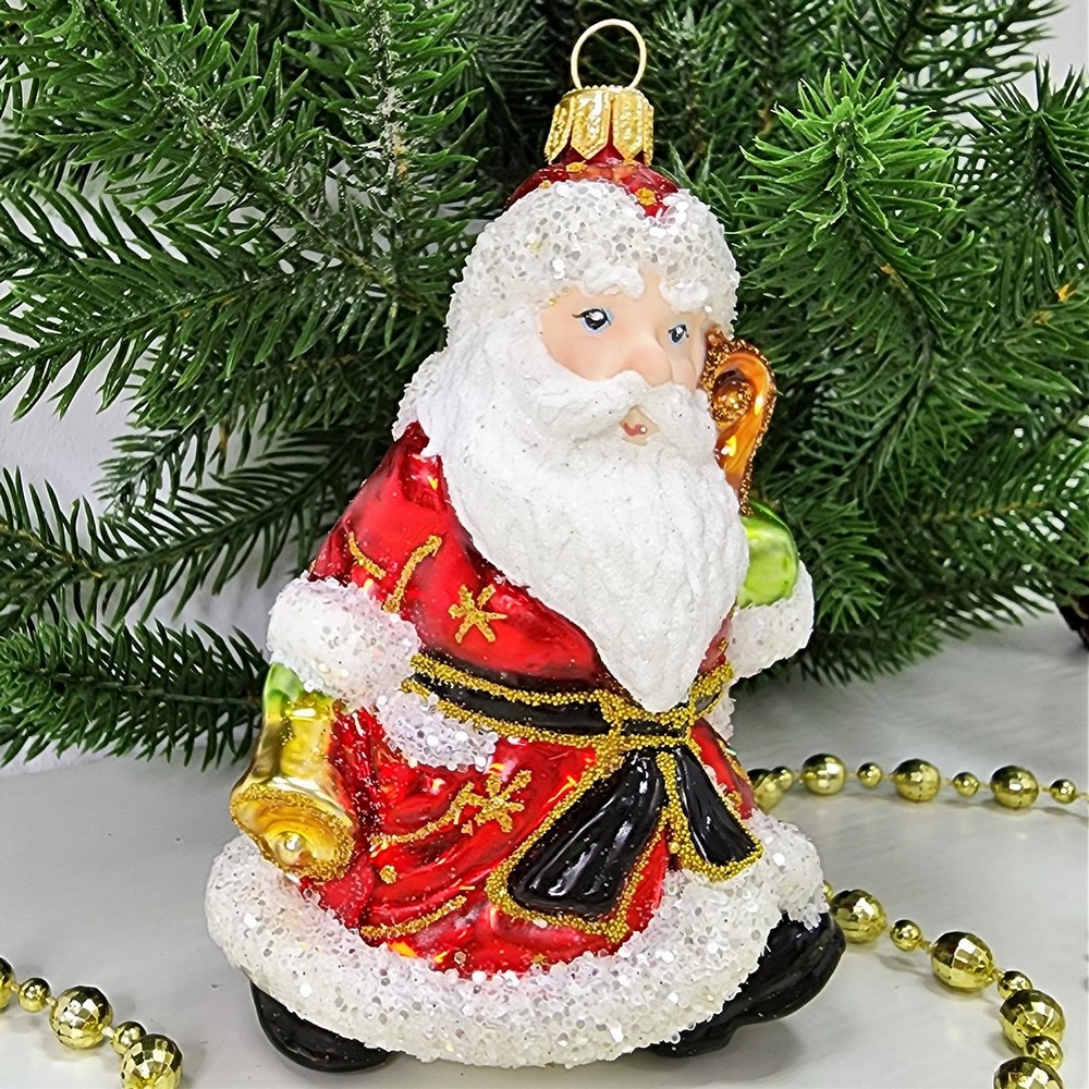 фото Стеклянная елочная игрушка Дед Мороз с колокольчиком