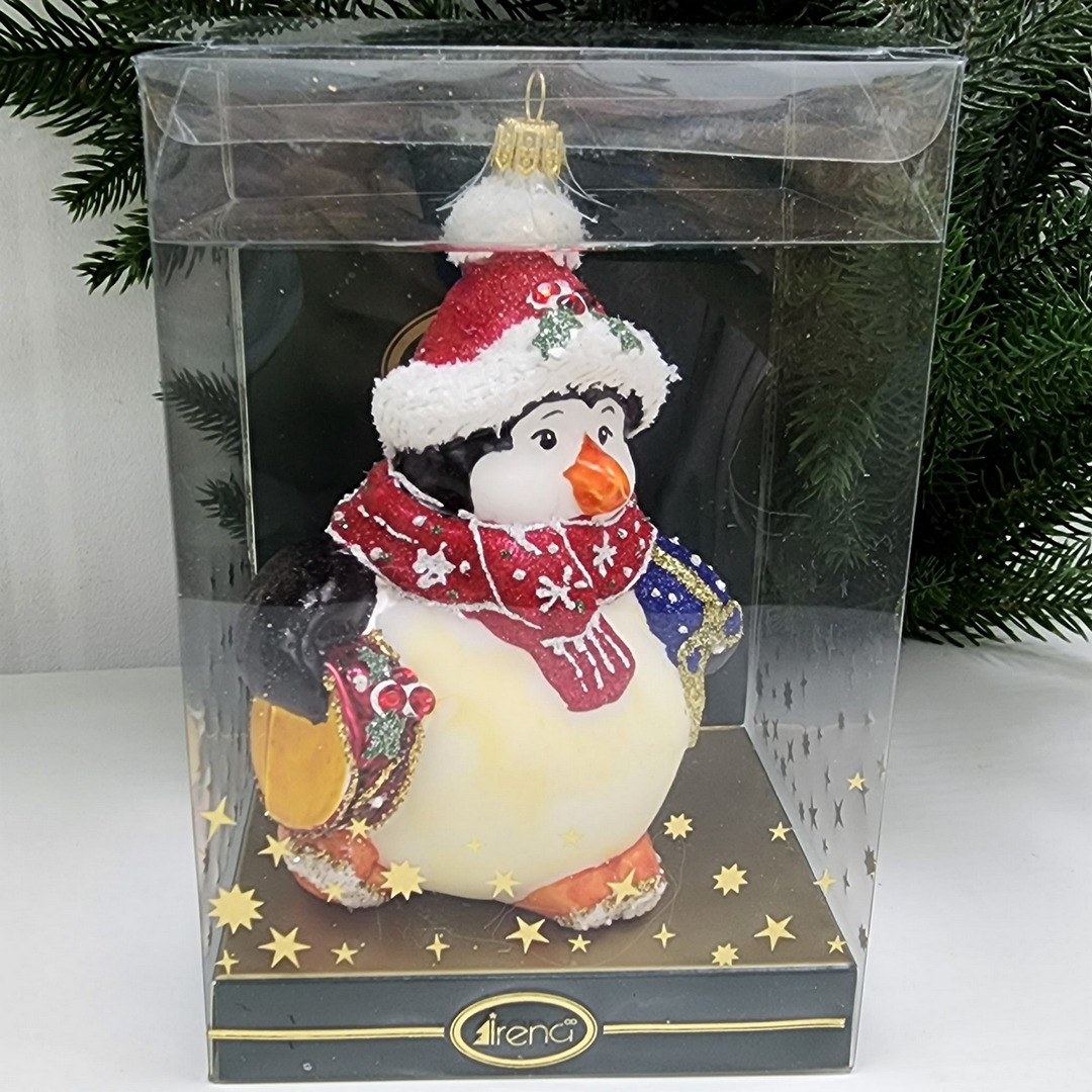 фото Стеклянная елочная игрушка Пингвин с барабаном