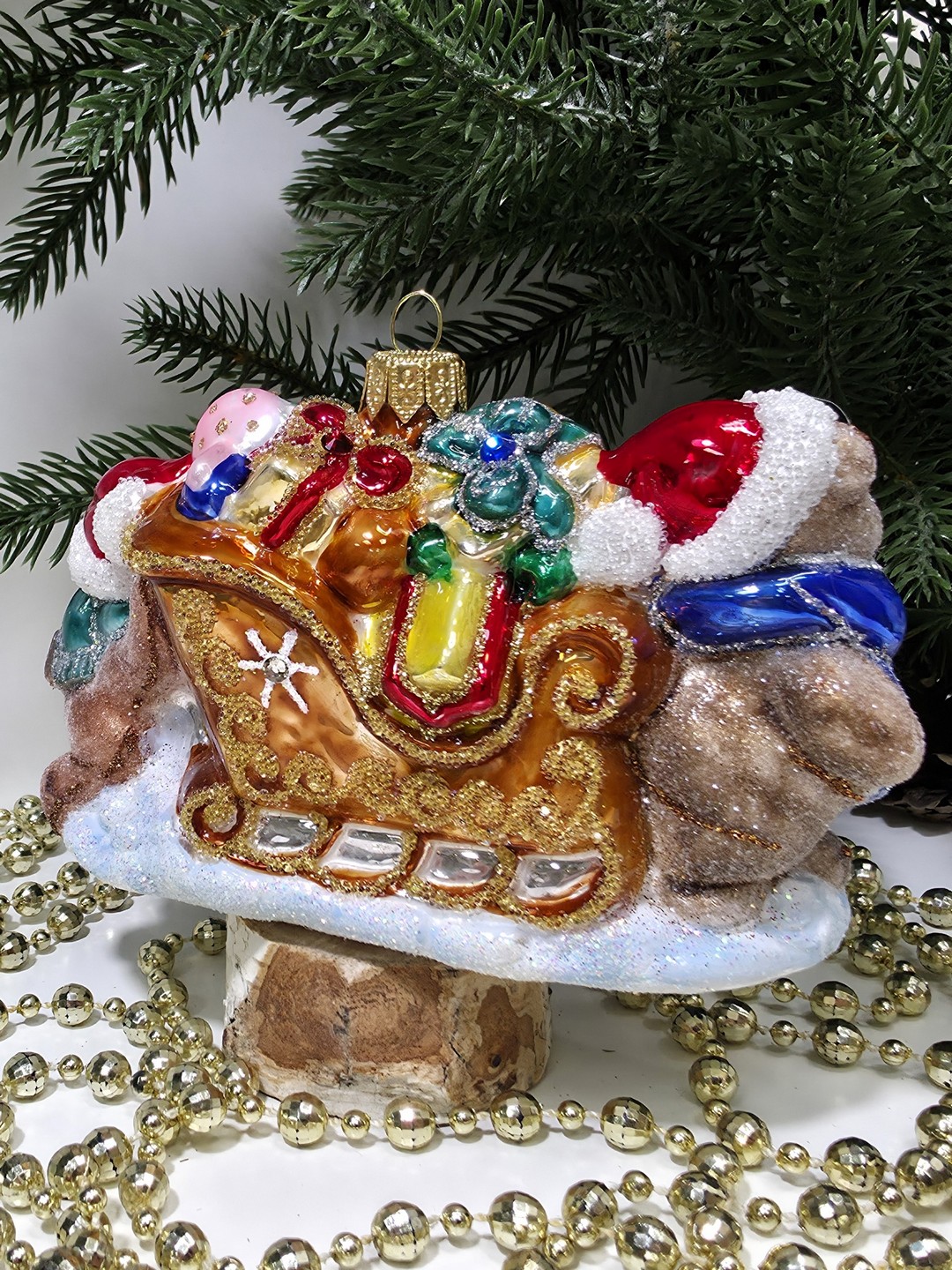 фото Стеклянная елочная игрушка Мишки тянут саночки