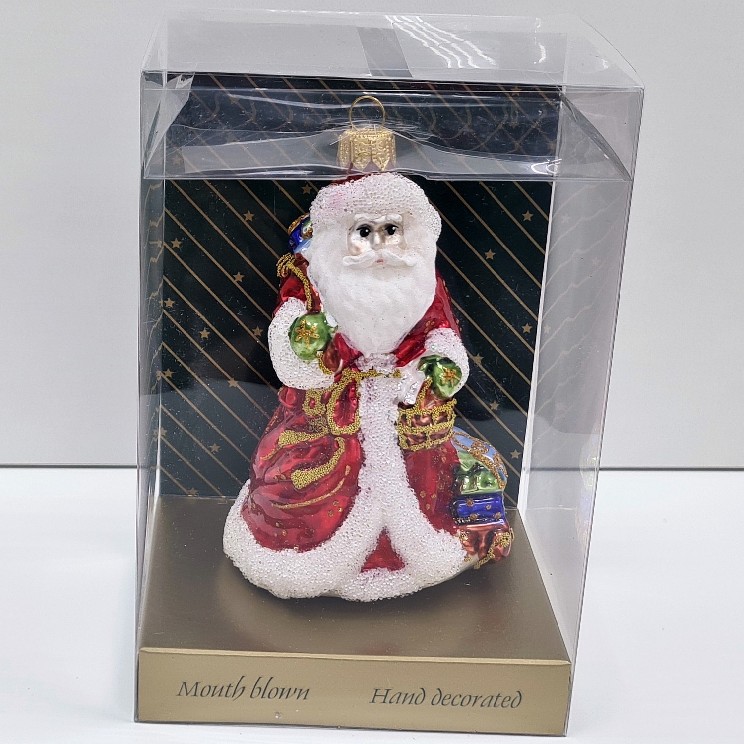 фото Стеклянная елочная игрушка Дед Мороз с подарками-2