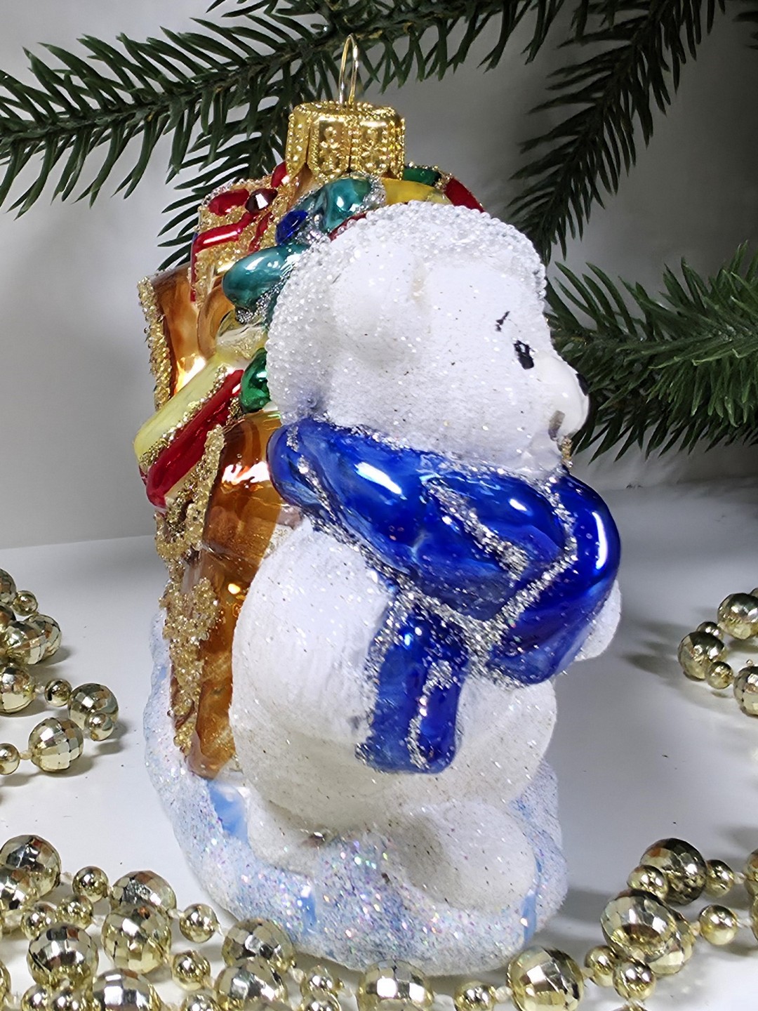 фото Стеклянная елочная игрушка Мишки тянут саночки