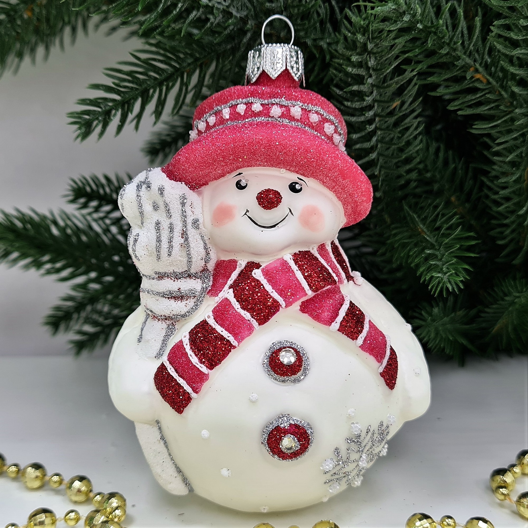 фото Стеклянная елочная игрушка Снеговик