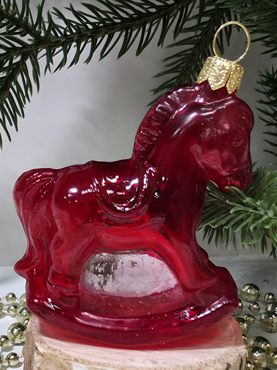 фото Стеклянная елочная игрушка Лошадка качалка малая красная