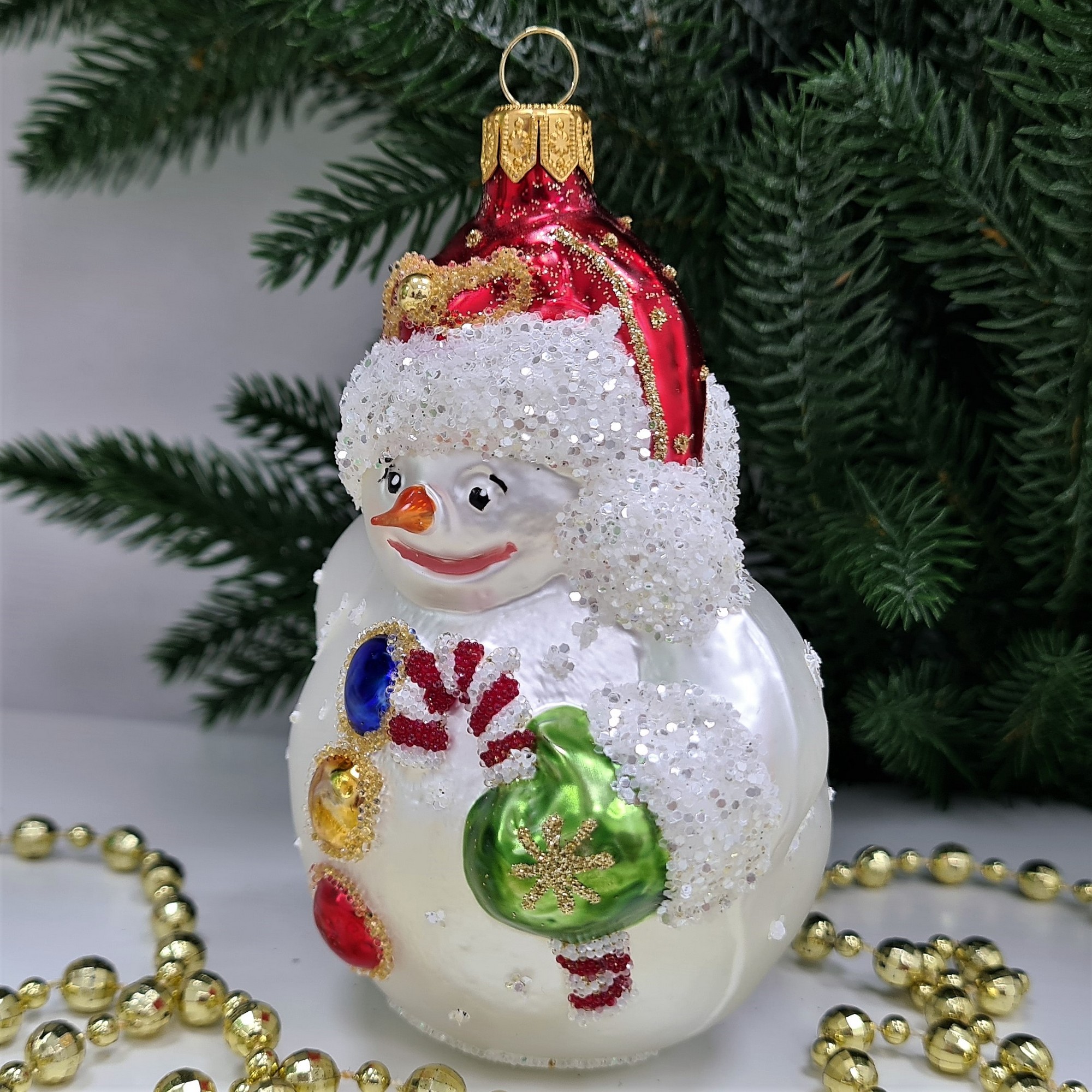 фото Стеклянная елочная игрушка Снеговик
