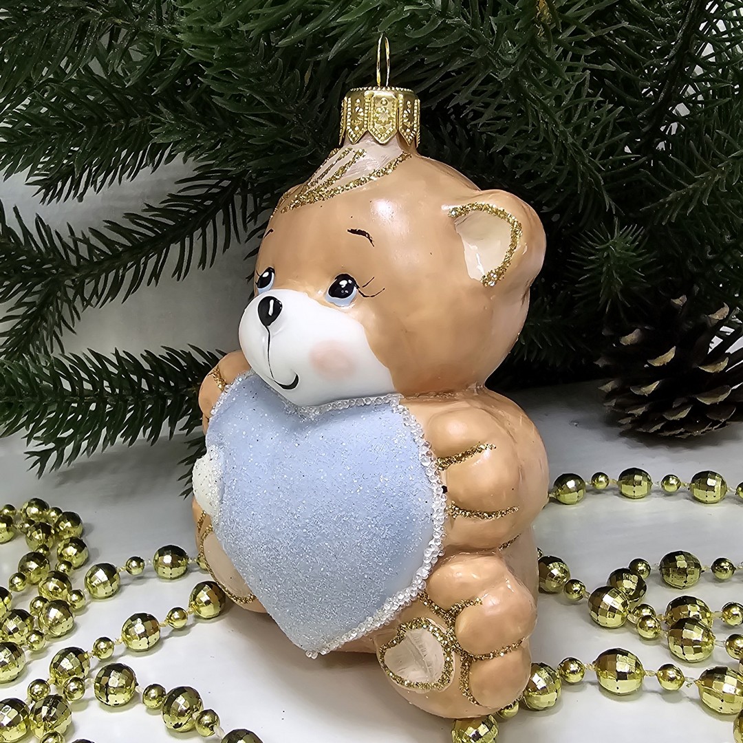 фото Стеклянная елочная игрушка Мишка с сердцем