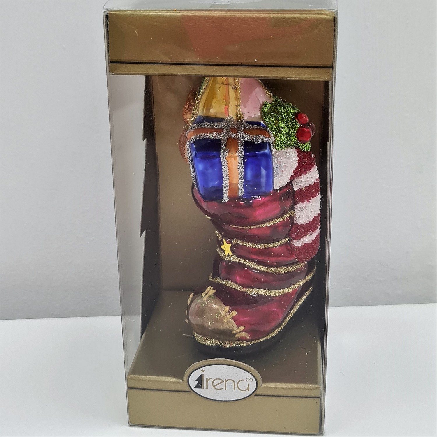 фото Стеклянная елочная игрушка Ботинок с подарками