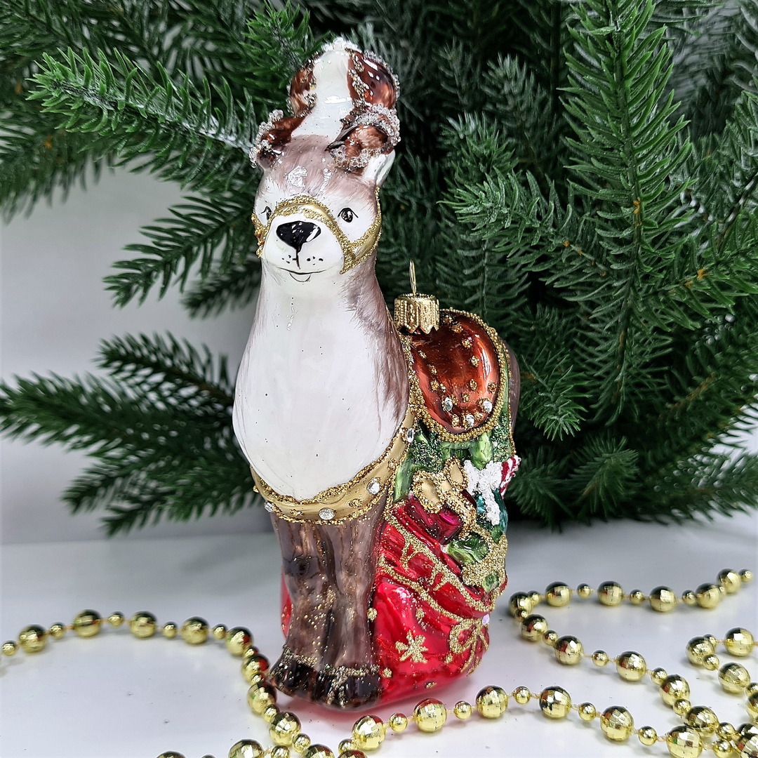 фото Стеклянная елочная игрушка Олень с подарками