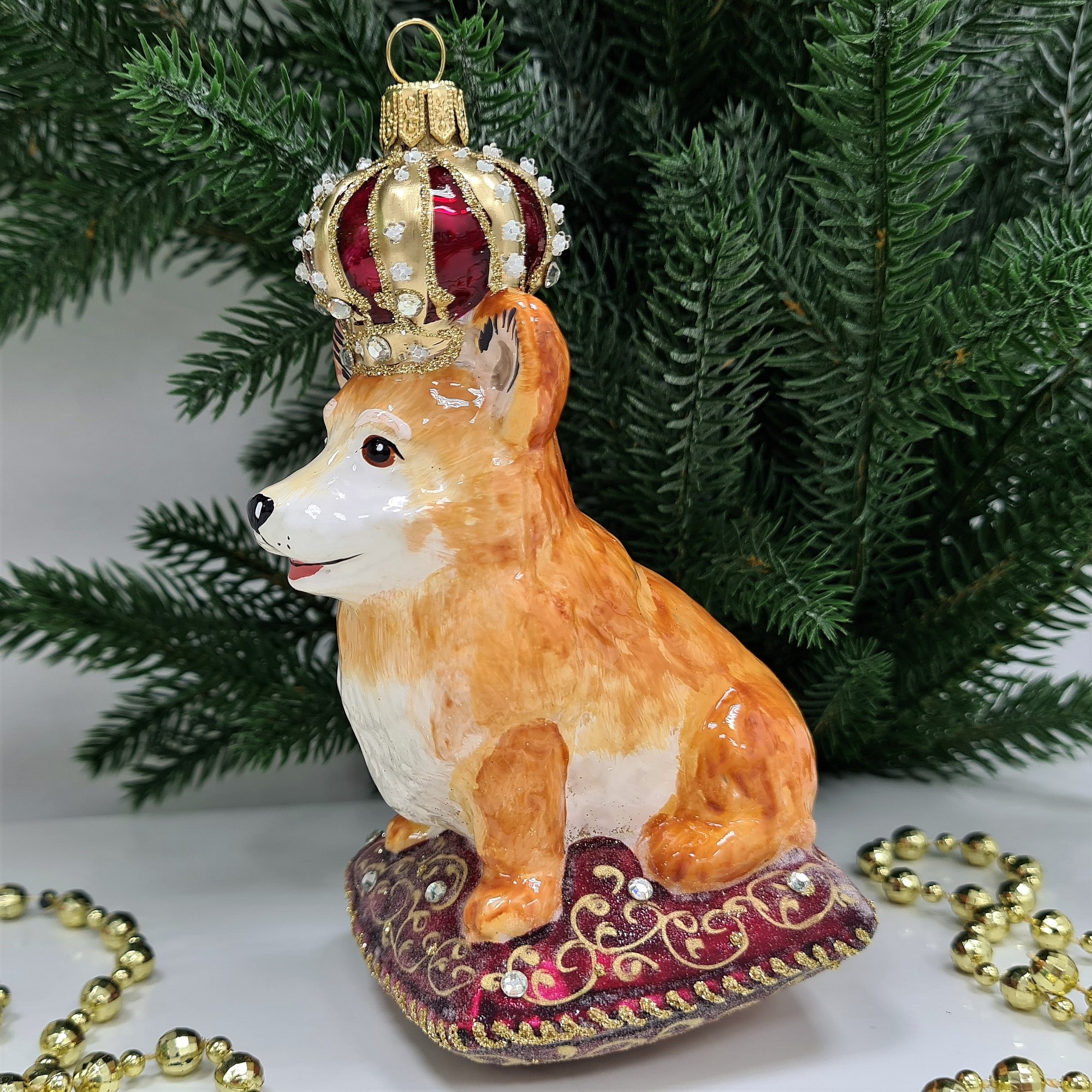 фото Стеклянная елочная игрушка Корги в короне