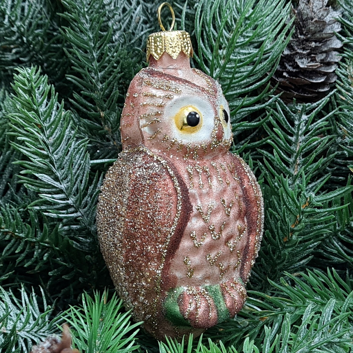 фото Стеклянная елочная игрушка Сова коричневая