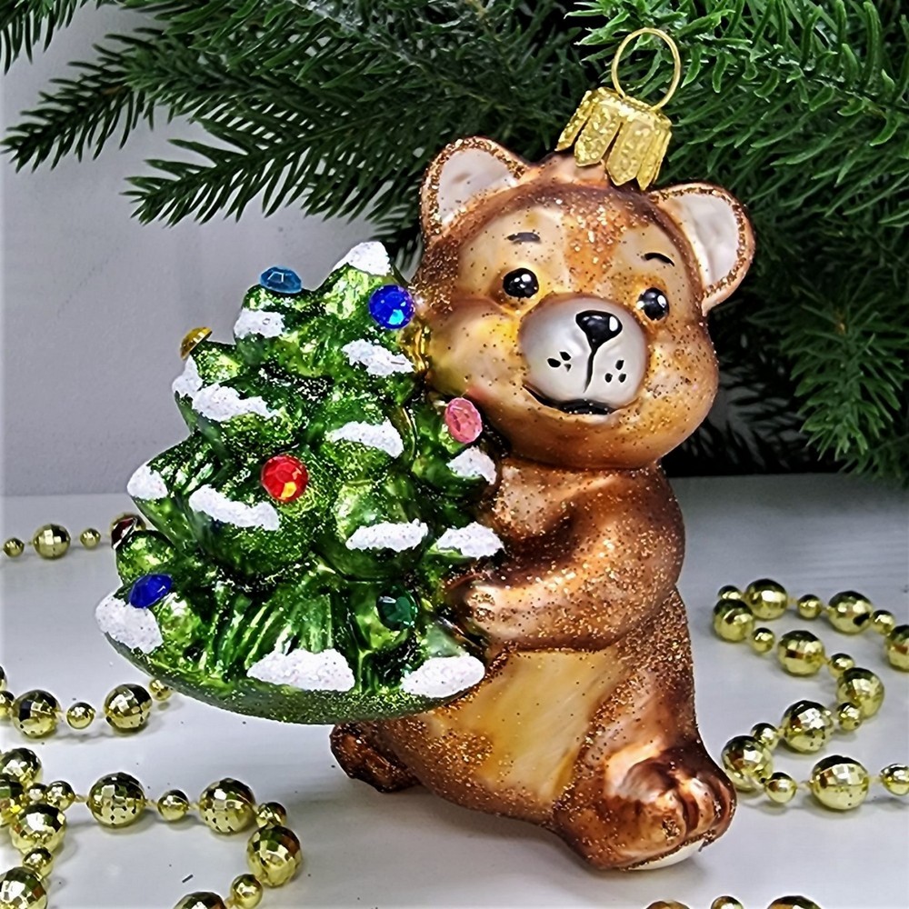 фото Стеклянная елочная игрушка Мишка с елкой